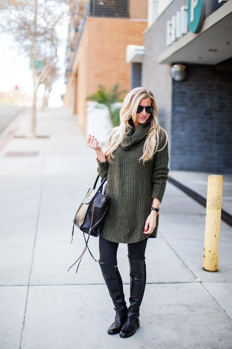 50 Thermal Layering Outfits for Cold January Days That Are Chic, Warm and Elegant 4 Black Thermal Top under a Olive Knit Sweater with Black Leggings and Black Knee-high Boots