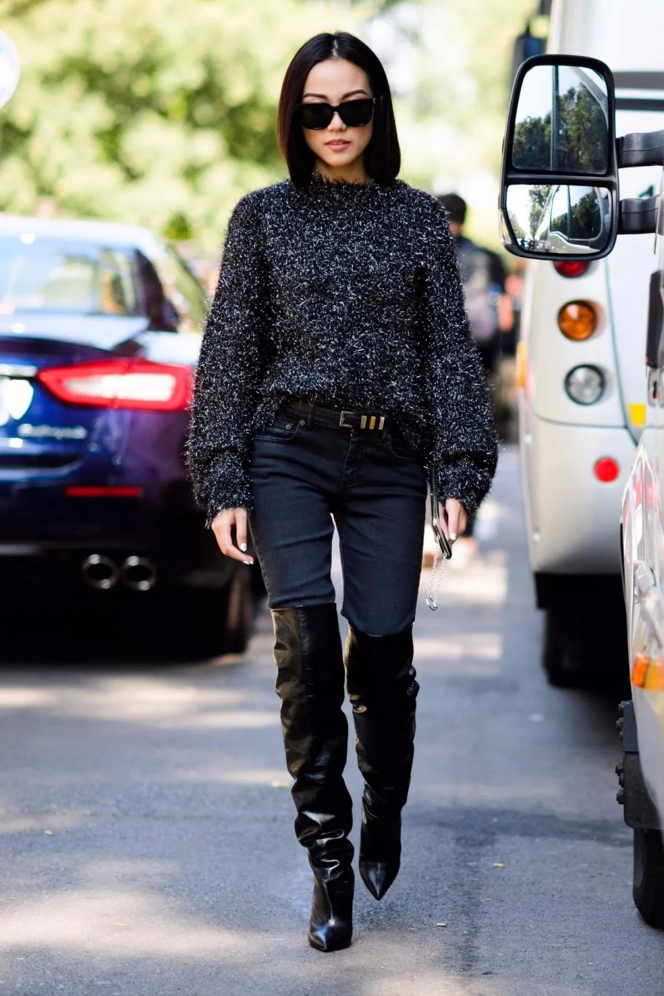50 Thermal Layering Outfits for Cold January Days That Are Chic, Warm and Elegant 5 Burgundy Thermal Top under a Black Knit Sweater with Dark Jeans and Black Knee-high Boots