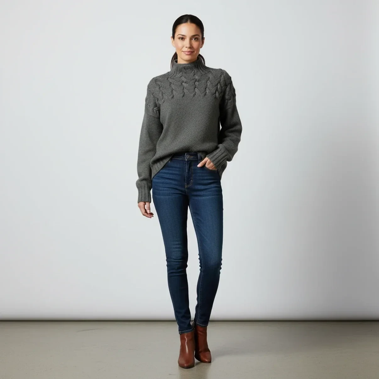 50 Thermal Layering Outfits for Cold January Days That Are Chic, Warm and Elegant 16 Navy Thermal Top under a Grey Chunky Knit Sweater with Dark Jeans and Dark Brown Boots
