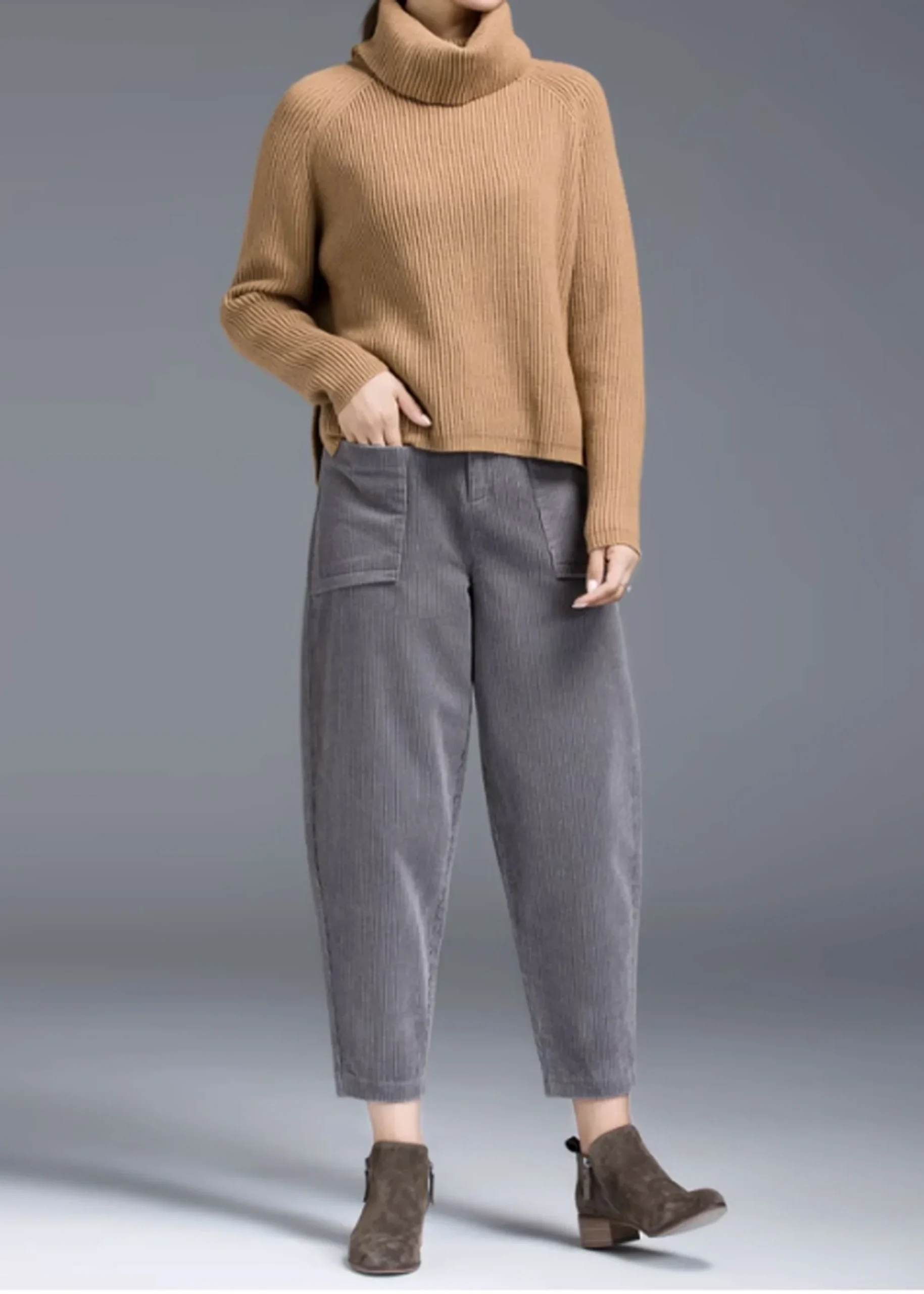 50 Thermal Layering Outfits for Cold January Days That Are Chic, Warm and Elegant 22 Burgundy Thermal Top under a Camel Knit Sweater with Grey Trousers and Brown Ankle Boots