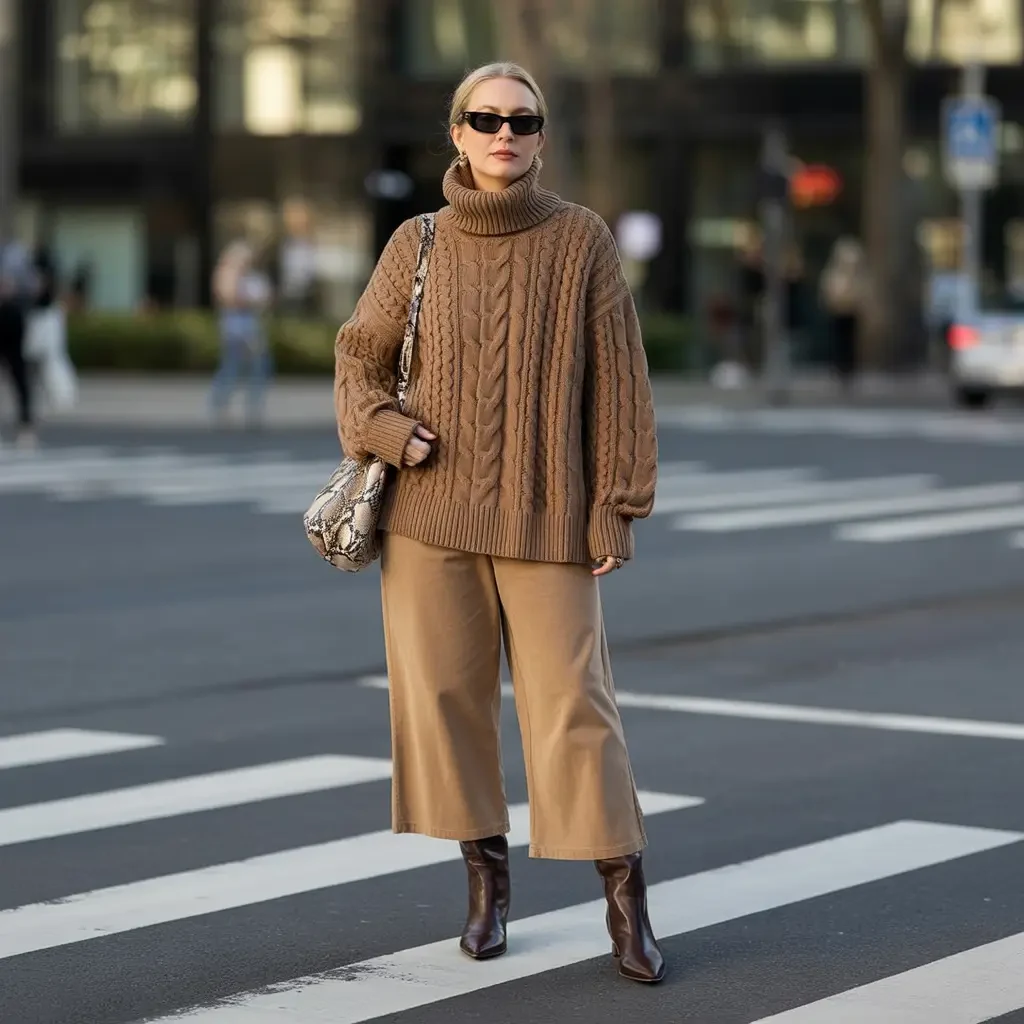 50 Thermal Layering Outfits for Cold January Days That Are Chic, Warm and Elegant 31 Black Thermal Top under a Camel Chunky Knit Sweater with Beige Trousers and Brown Ankle Boots