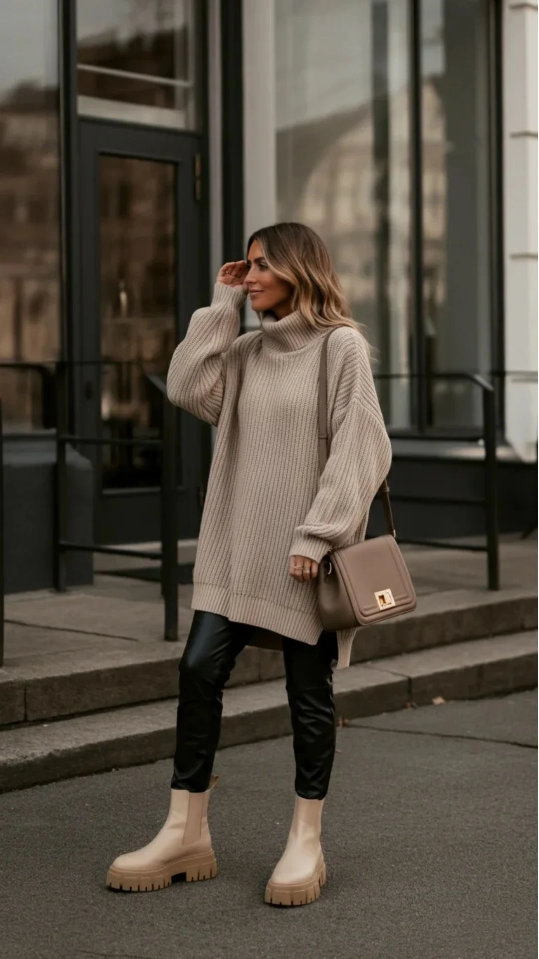 50 Thermal Layering Outfits for Cold January Days That Are Chic, Warm and Elegant 32 Black Thermal Top under a Cream Chunky Knit Sweater with Beige Trousers and Tan Boots