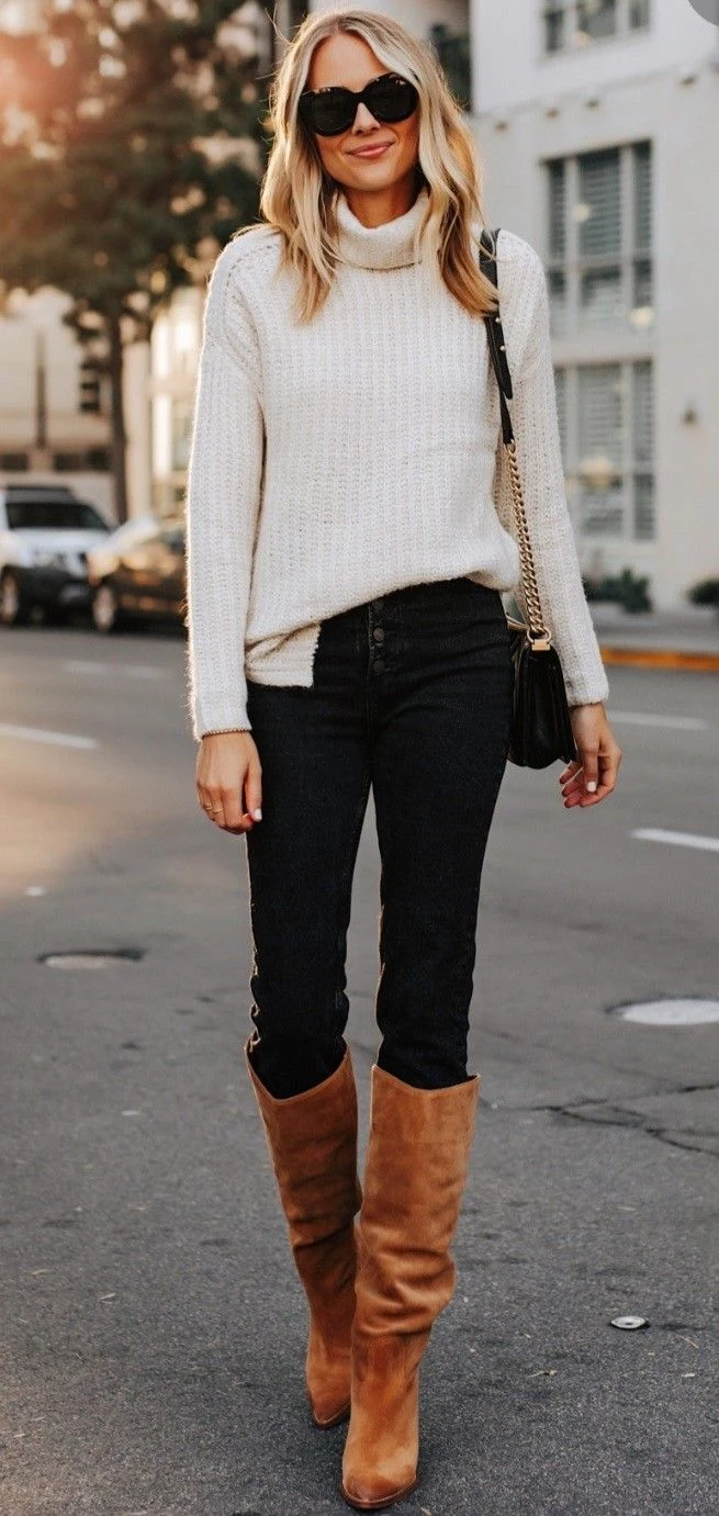 50 Thermal Layering Outfits for Cold January Days That Are Chic, Warm and Elegant 35 Grey Thermal Top under a Cream Knit Sweater with Black Leggings and Tan Boots