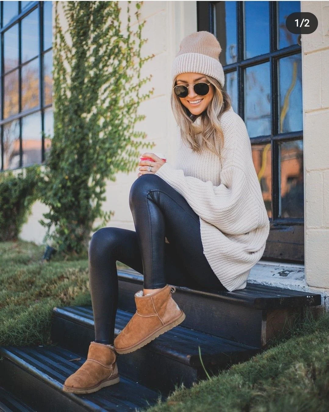 50 Thermal Layering Outfits for Cold January Days That Are Chic, Warm and Elegant 38 Black Thermal Top under a Cream Chunky Knit Sweater with Black Leggings and Tan Boots