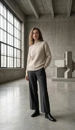 50 Thermal Layering Outfits for Cold January Days That Are Chic, Warm and Elegant 39 Black Thermal Top under a Beige Knit Sweater with Charcoal Trousers and Black Ankle Boots
