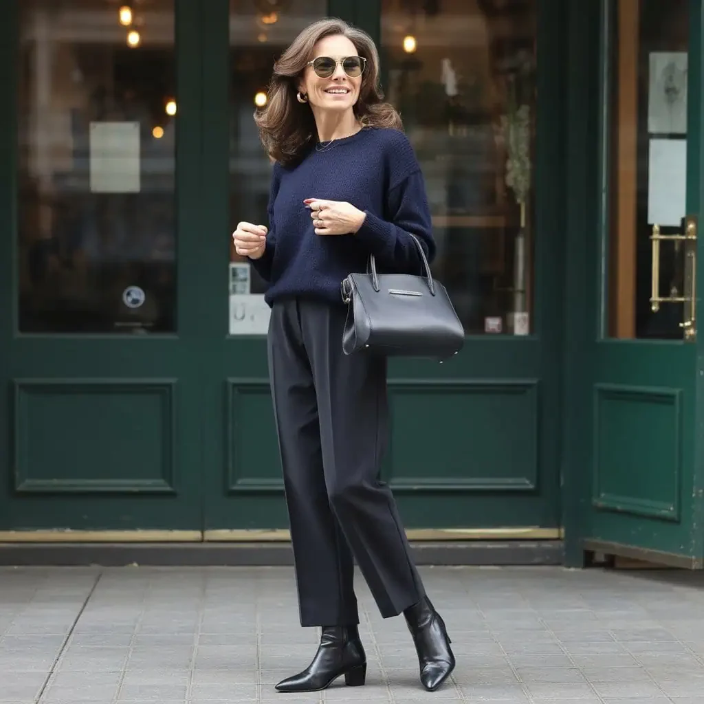 50 Thermal Layering Outfits for Cold January Days That Are Chic, Warm and Elegant 41 White Thermal Top under a Navy Knit Sweater with Charcoal Trousers and Black Ankle Boots