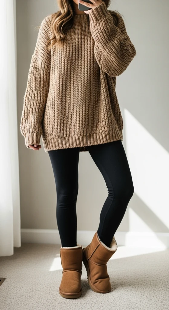 50 Thermal Layering Outfits for Cold January Days That Are Chic, Warm and Elegant 49 Black Thermal Top under a Camel Chunky Knit Sweater with Black Leggings and Tan Boots
