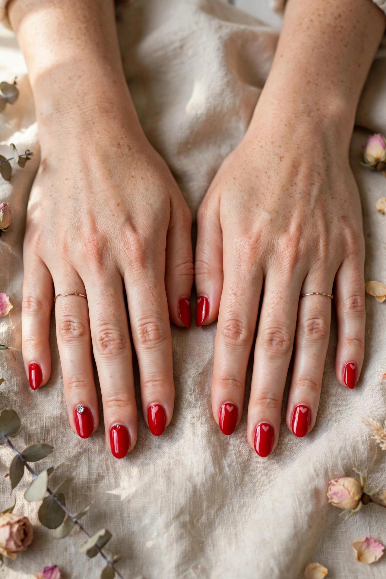 Classic Red Tiny Red Heart Short Nails in Almond Shape with a Jewel Accent on One Nail