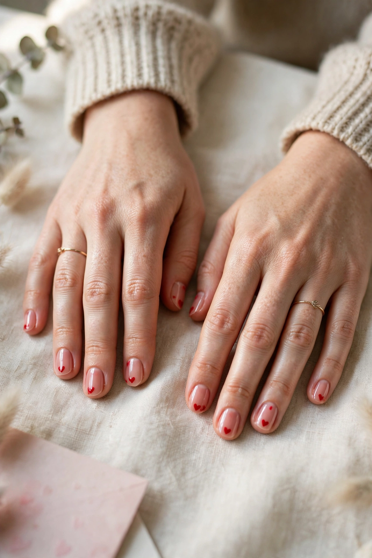 Soft Red Tiny Red Heart Short Nails in Oval Shape with a Glossy Top Coat