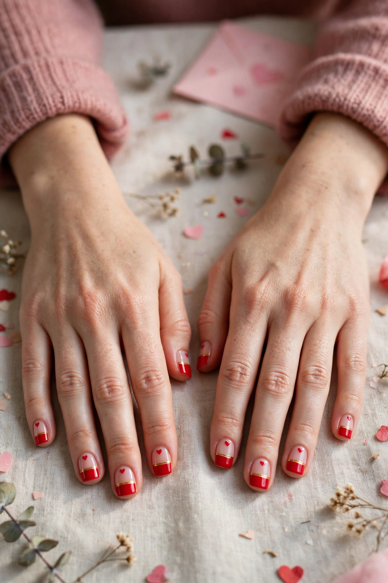 Bright Red Tiny Red Heart Short Nails in Short Square Shape with a Thin Gold Line