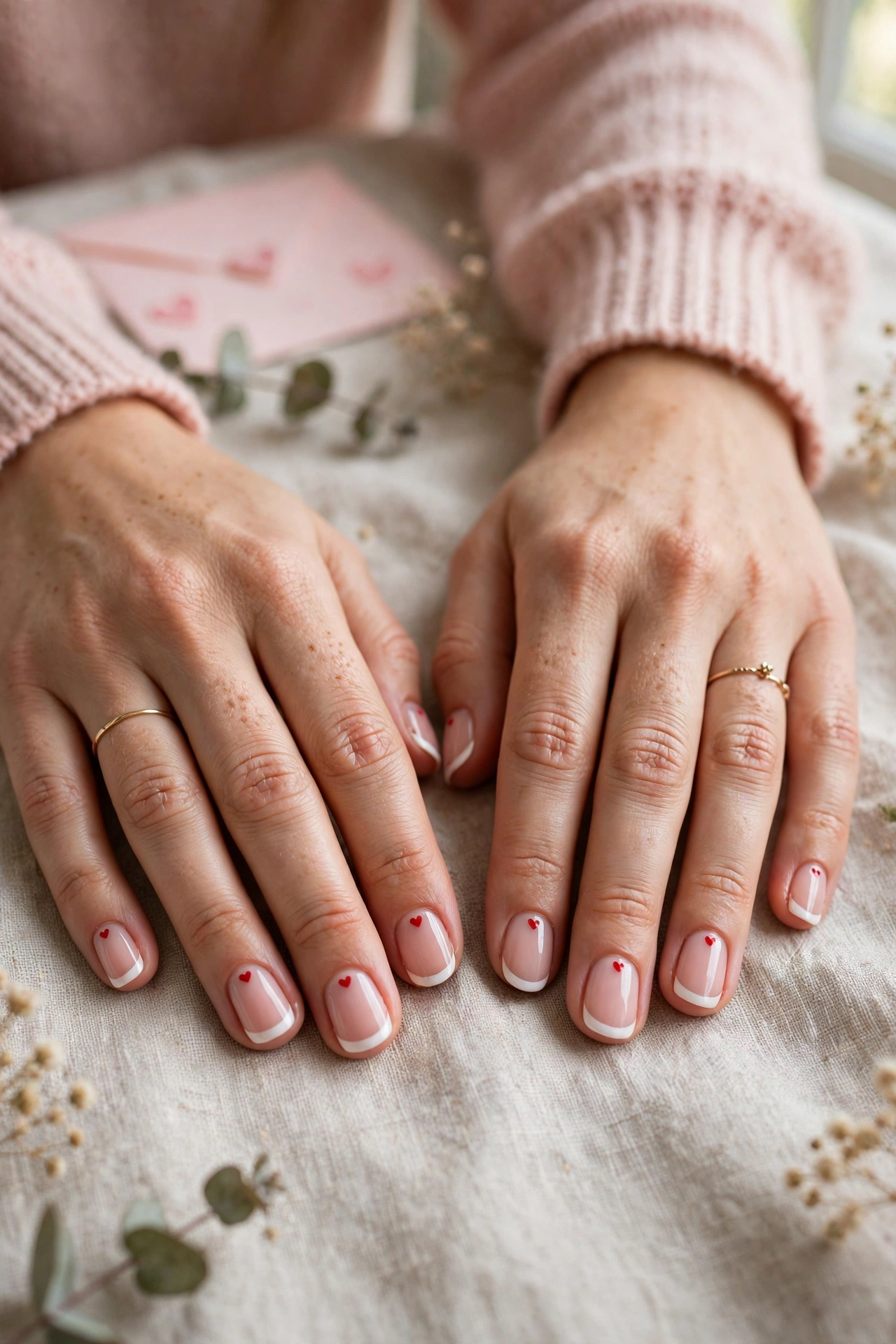 Classic Red Tiny Red Heart Short Nails in Round Shape with a Classic French Tip