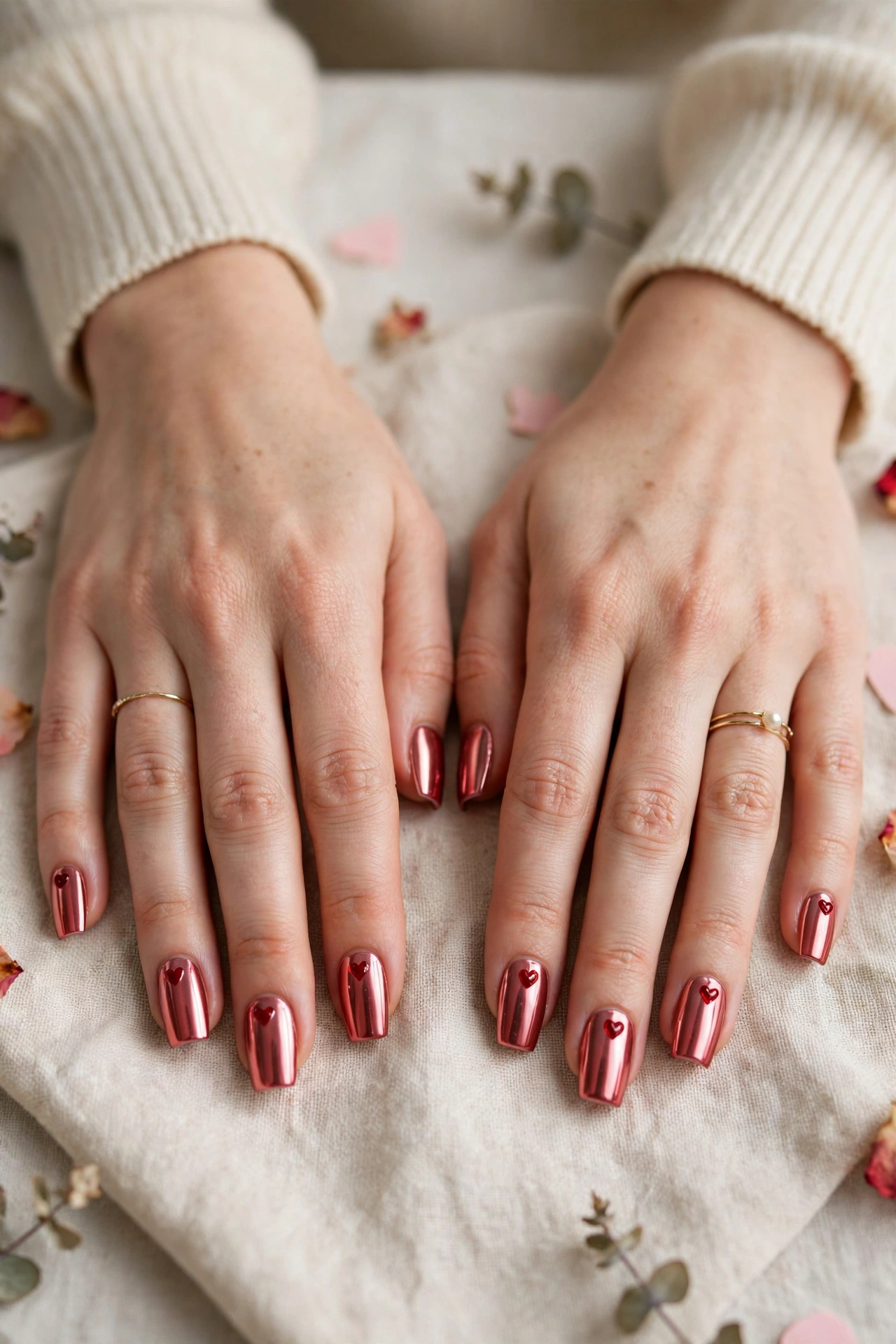Soft Red Tiny Red Heart Short Nails in Coffin Shape with a Chrome Shine