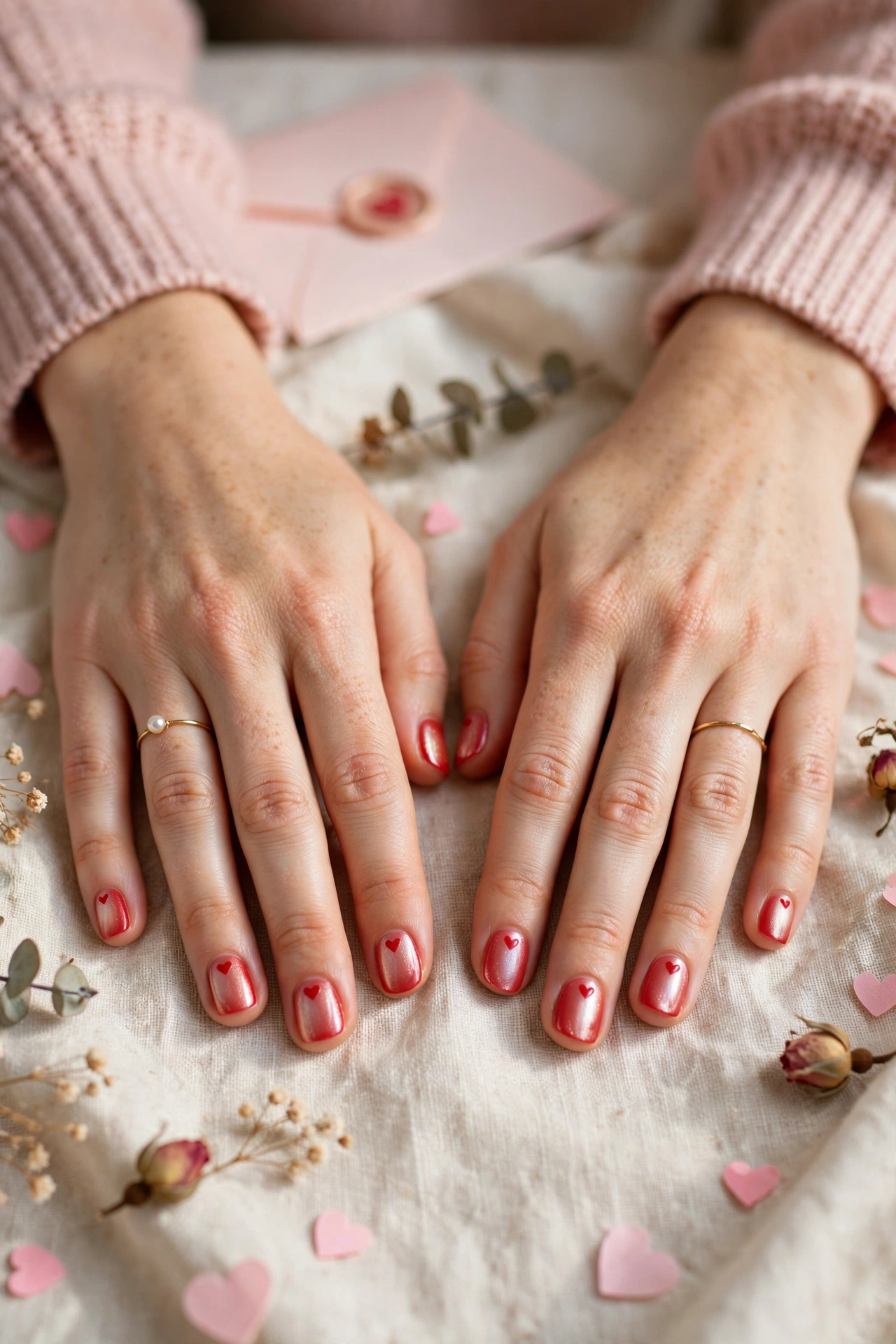 Bright Red Tiny Red Heart Short Nails in Squoval Shape with a Pearl Finish