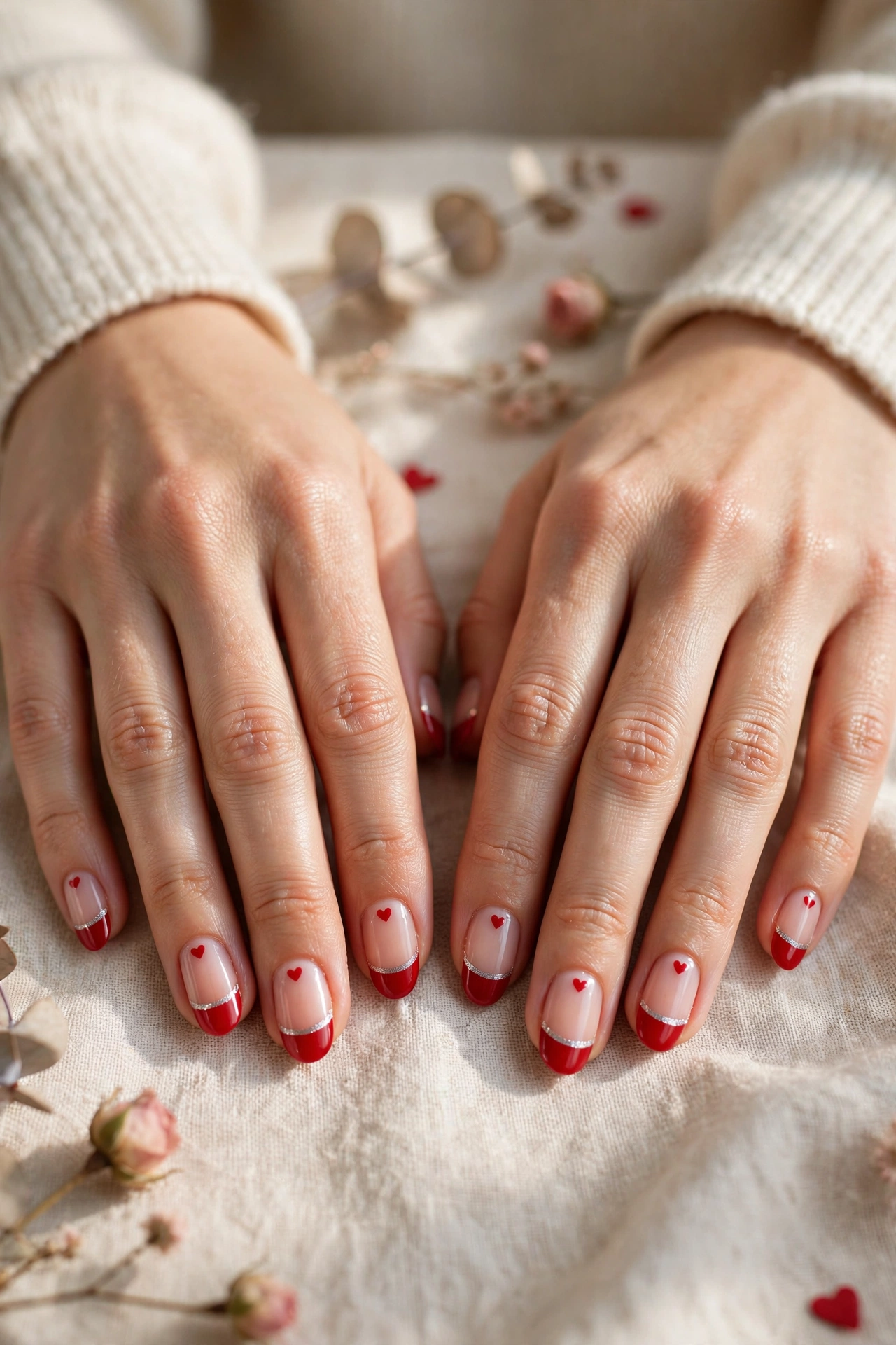 Classic Red Tiny Red Heart Short Nails in Almond Shape with a Silver Shimmer Line