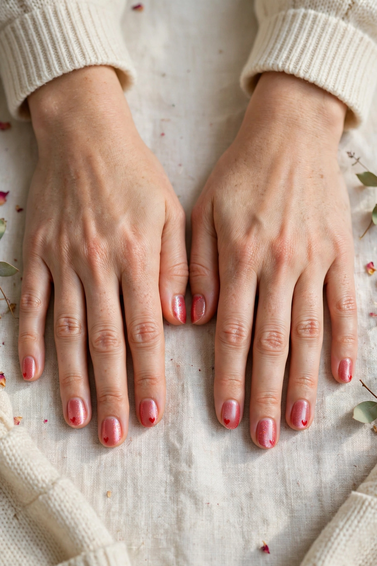 Soft Red Tiny Red Heart Short Nails in Oval Shape with a Sheer Shimmer Layer