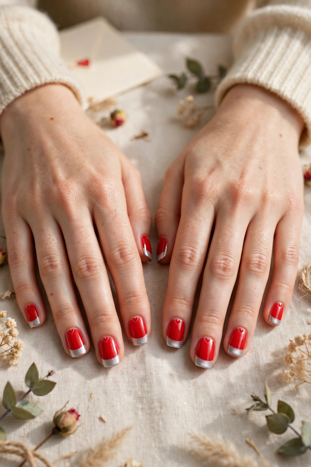 Bright Red Tiny Red Heart Short Nails in Short Square Shape with a Frosted Chrome Tip