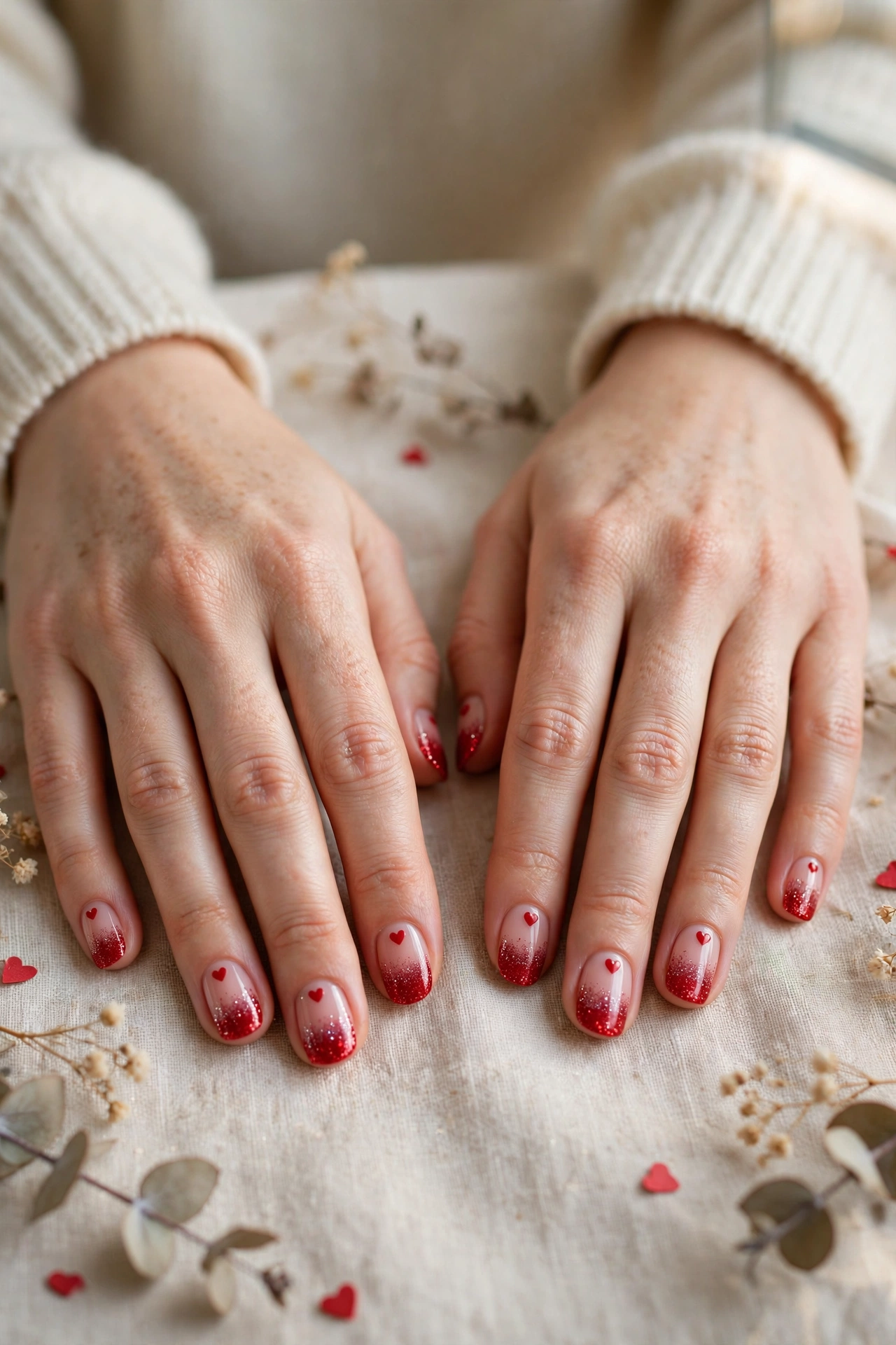 Classic Red Tiny Red Heart Short Nails in Round Shape with a Glitter Fade Tip