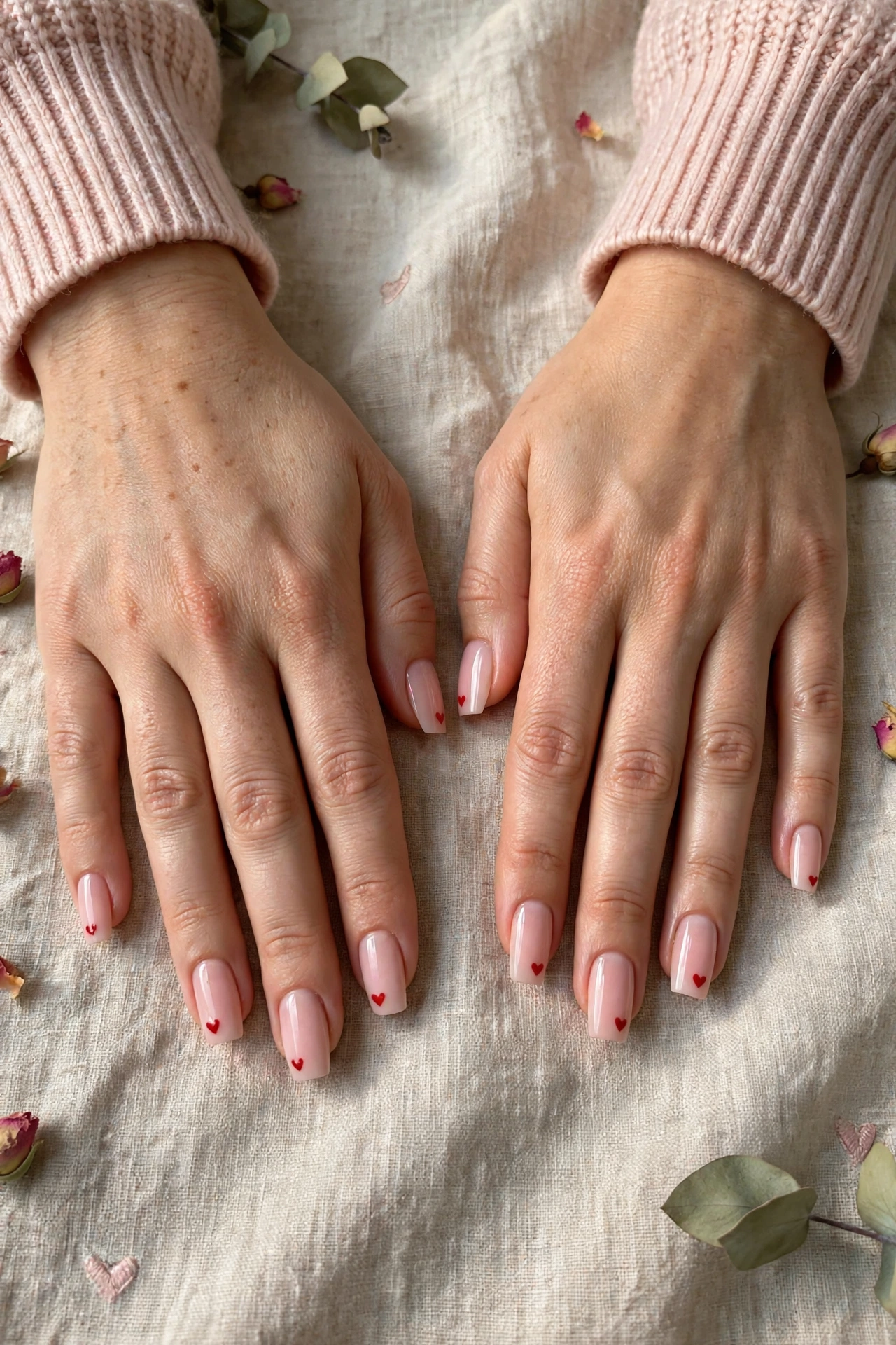 Soft Red Tiny Red Heart Short Nails in Coffin Shape with a Soft Ombré Fade