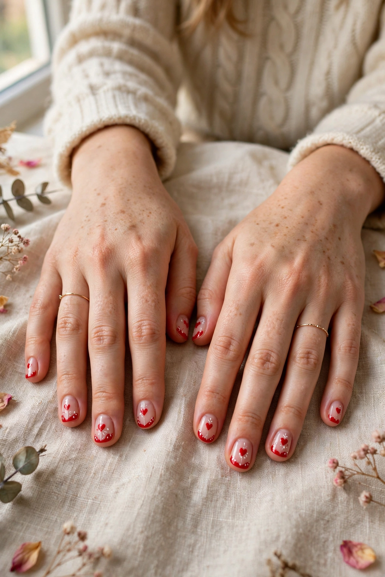 Bright Red Tiny Red Heart Short Nails in Squoval Shape with a Delicate White Detail
