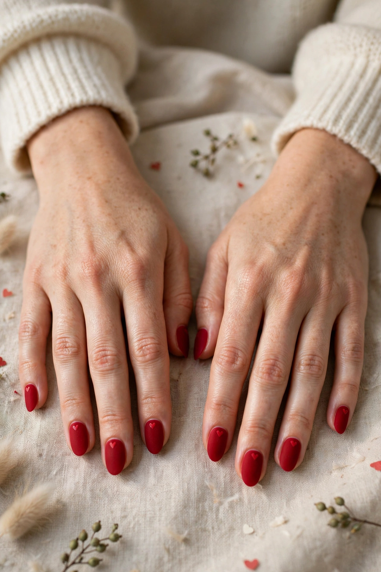 Classic Red Tiny Red Heart Short Nails in Almond Shape with a Velvet Matte Finish