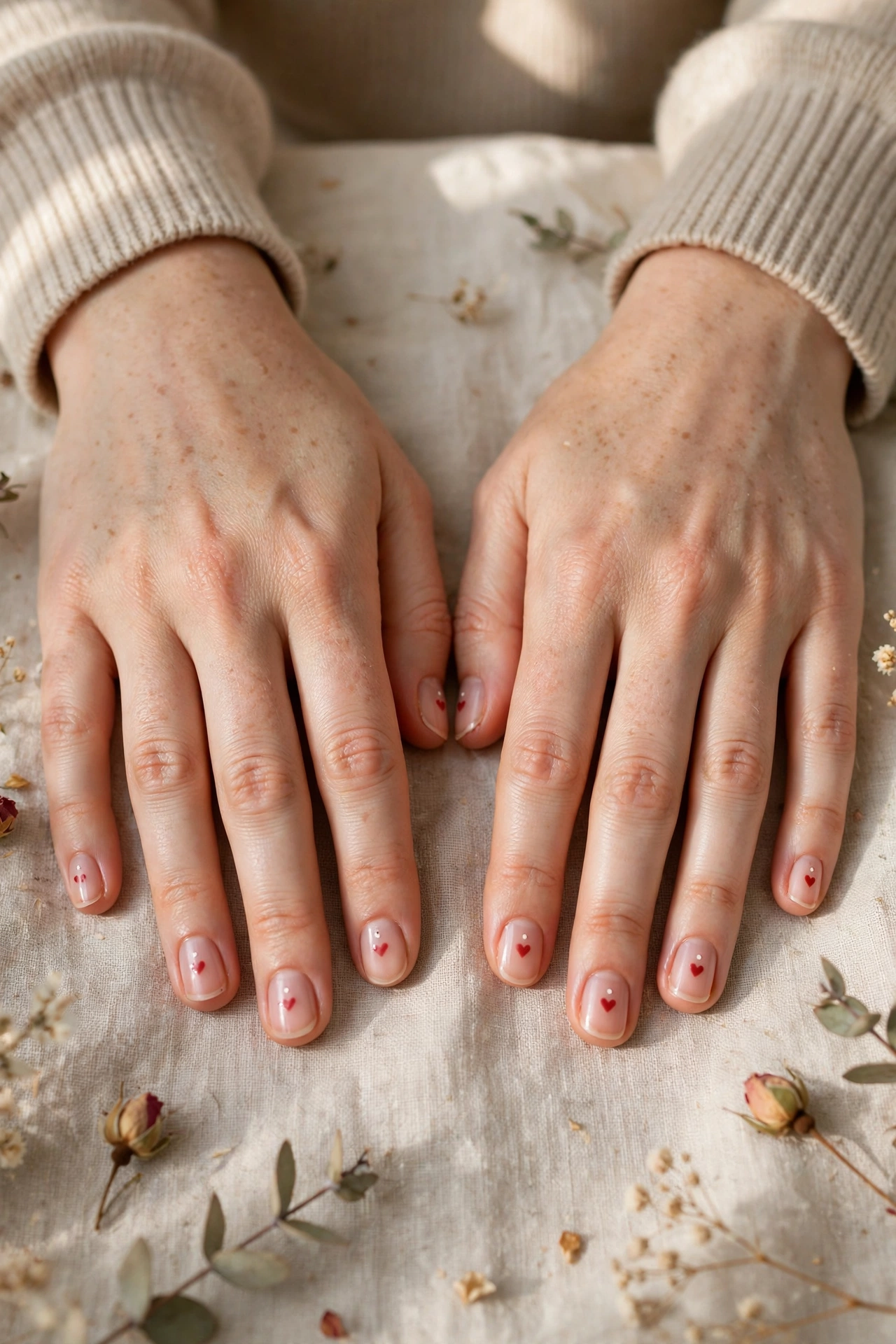 Soft Red Tiny Red Heart Short Nails in Oval Shape with a Minimal Dot Detail