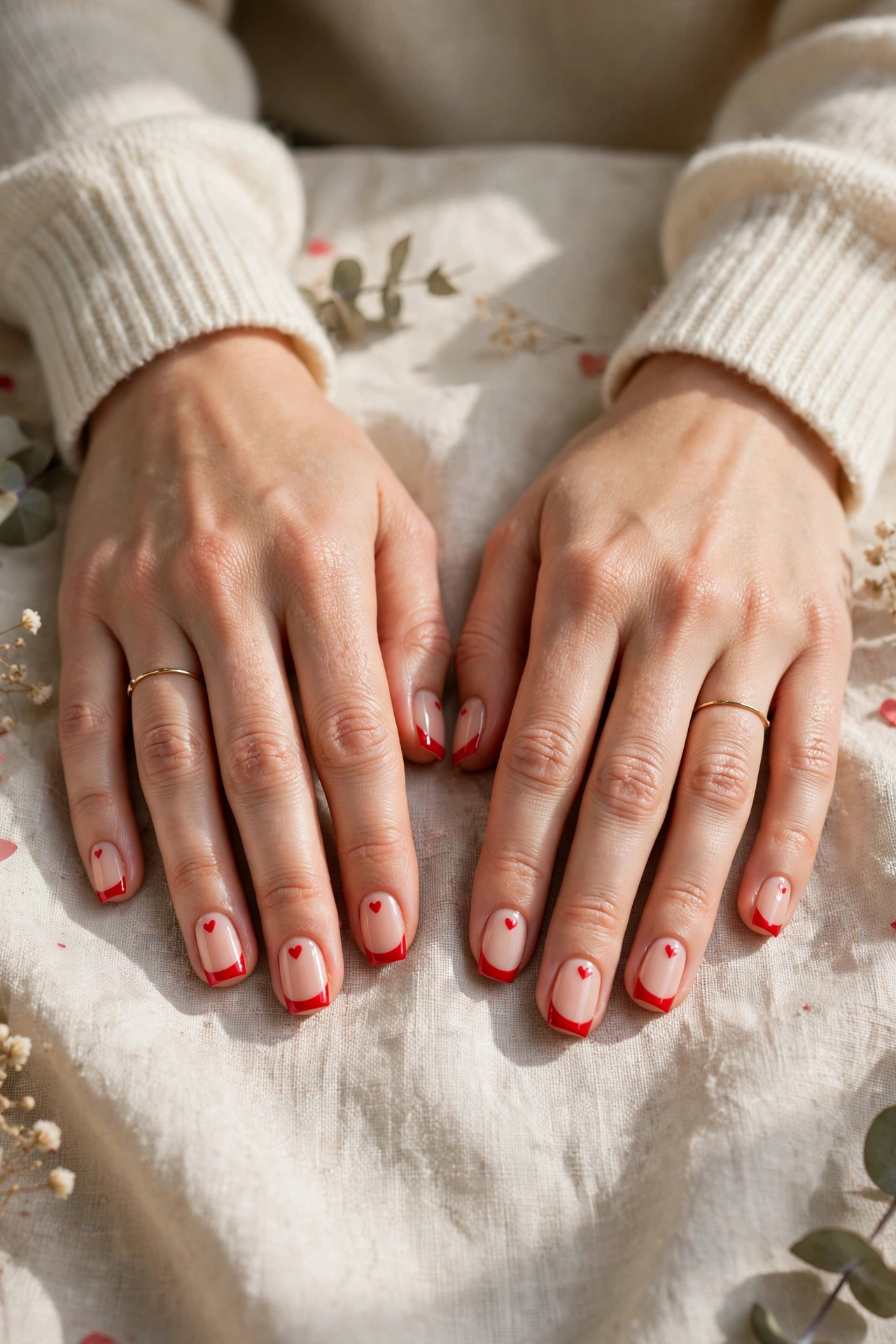 Bright Red Tiny Red Heart Short Nails in Short Square Shape with a Two-Tone Finish