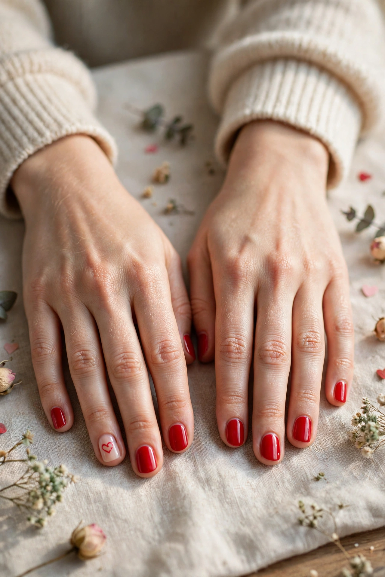 Classic Red Tiny Red Heart Short Nails in Round Shape with a Tiny Heart on the Accent Nail