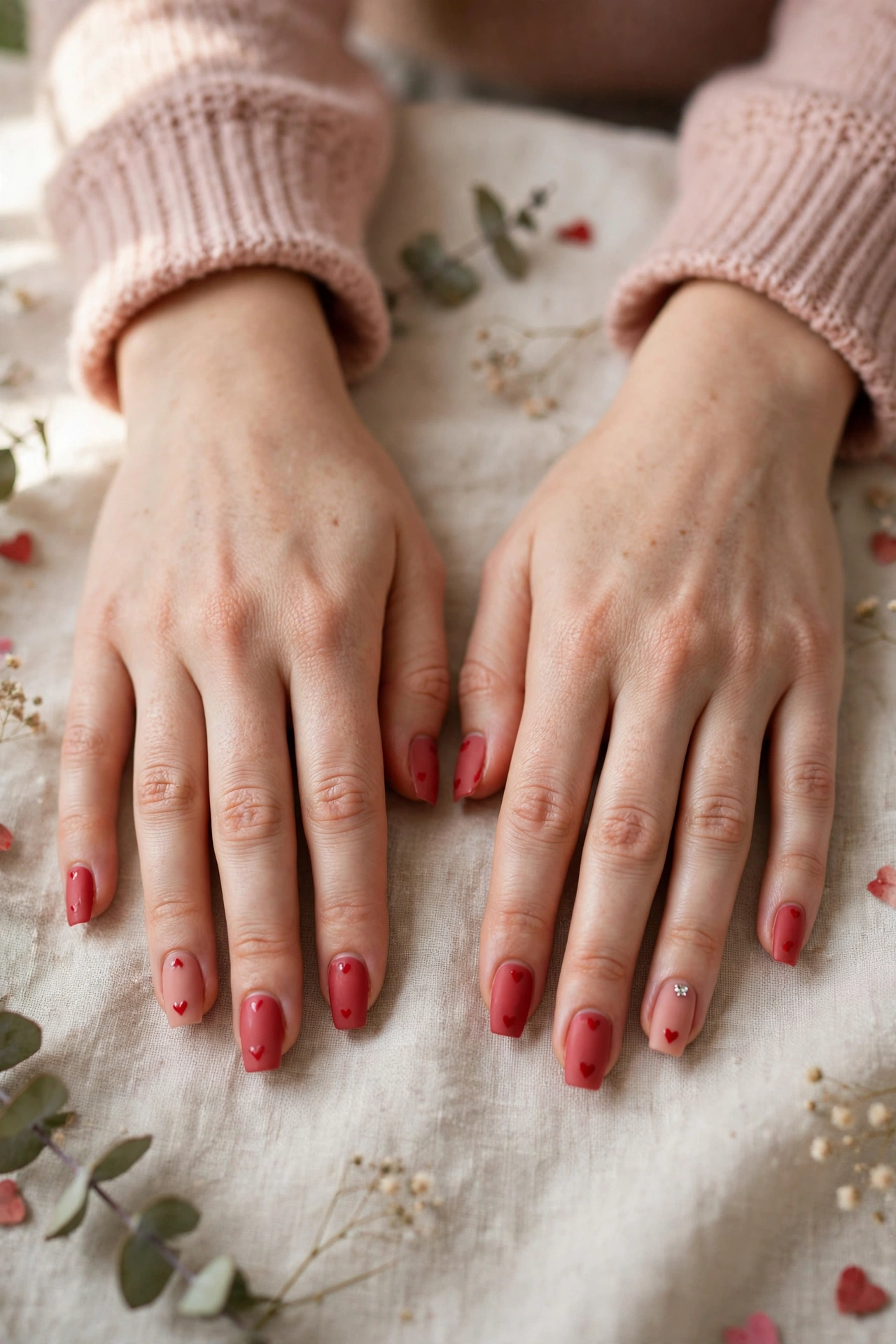 Soft Red Tiny Red Heart Short Nails in Coffin Shape with a Tiny Crystal on the Ring Finger