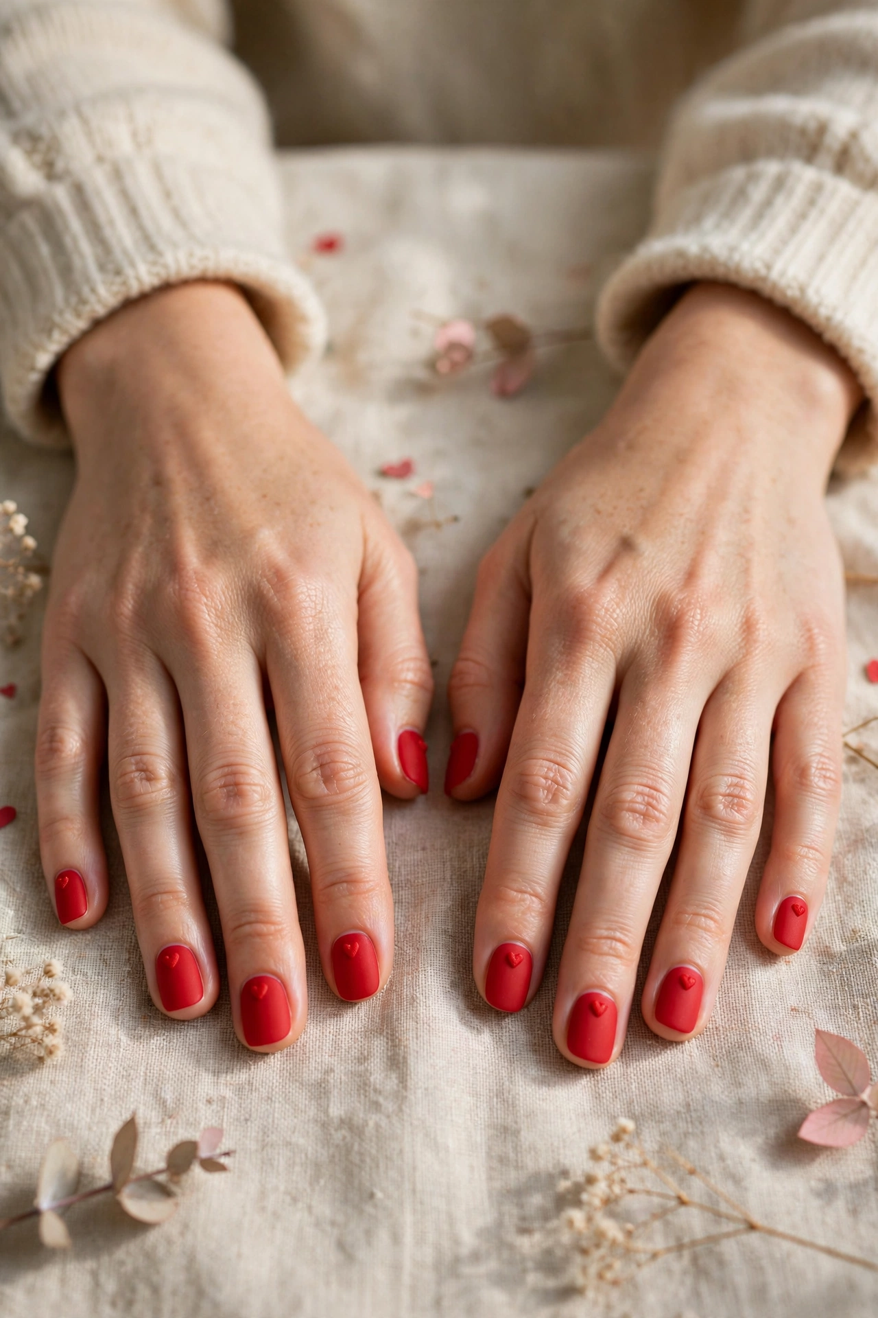 Bright Red Tiny Red Heart Short Nails in Squoval Shape with a Matte Top Coat