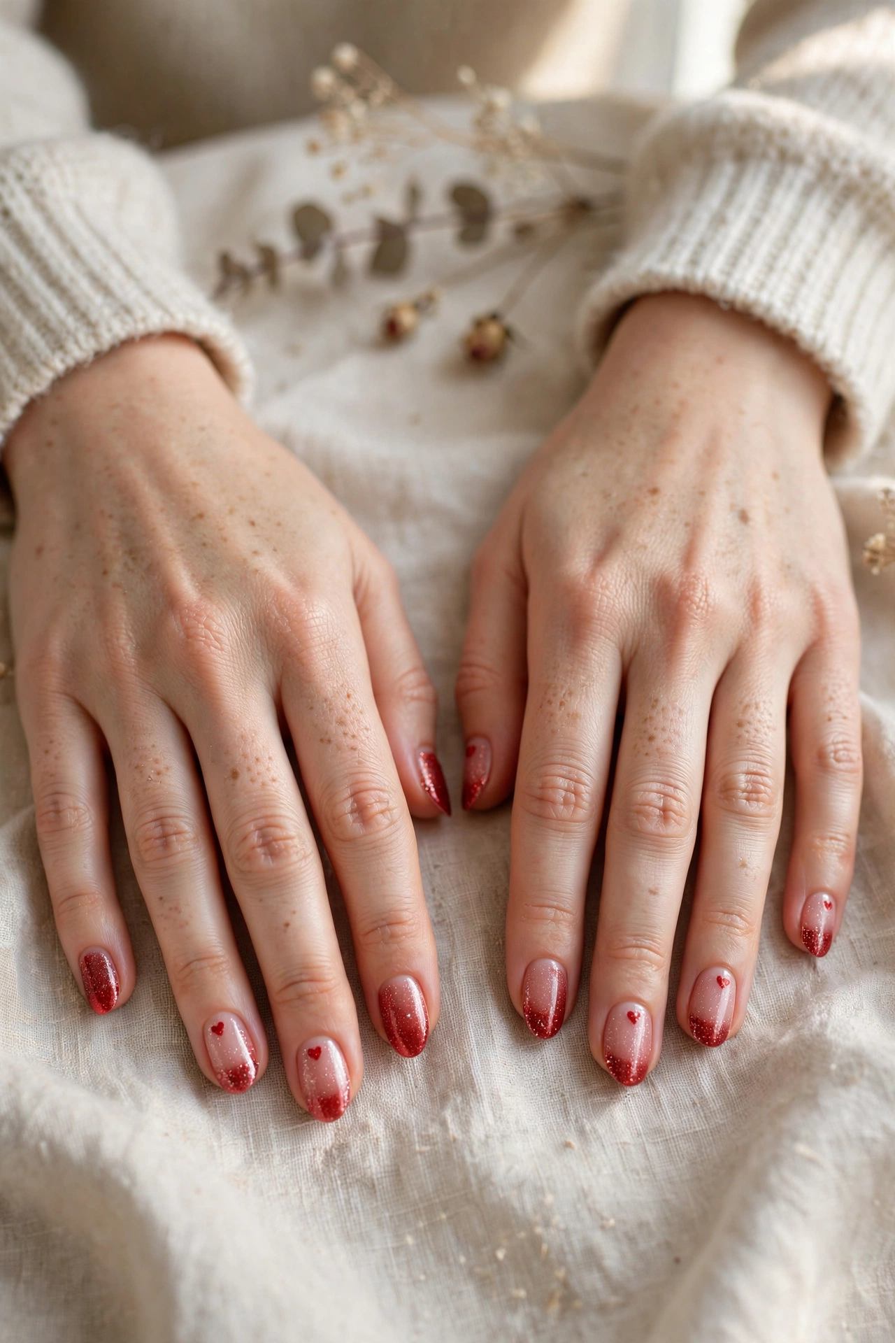 Classic Red Tiny Red Heart Short Nails in Almond Shape with a Subtle Glitter Accent