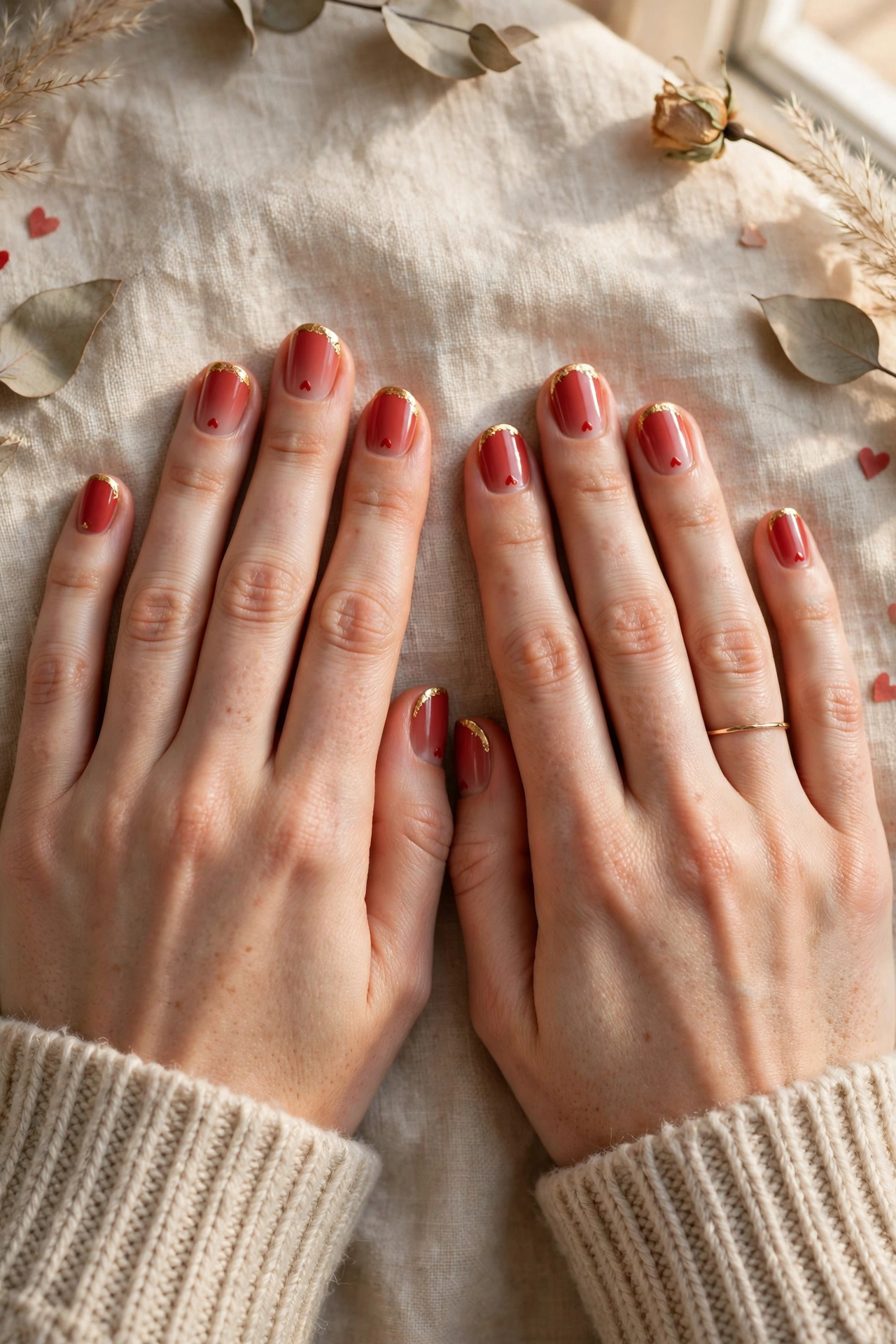 Soft Red Tiny Red Heart Short Nails in Oval Shape with a Gold Foil Tip