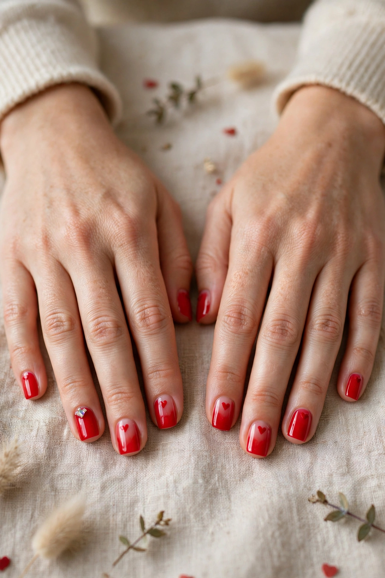Bright Red Tiny Red Heart Short Nails in Short Square Shape with a Jewel Accent on One Nail