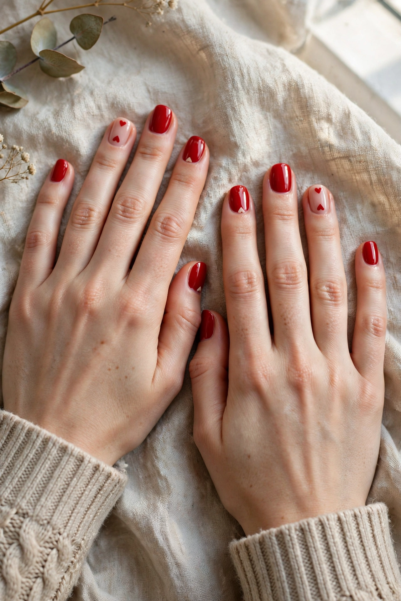 Classic Red Tiny Red Heart Short Nails in Round Shape with a Glossy Top Coat