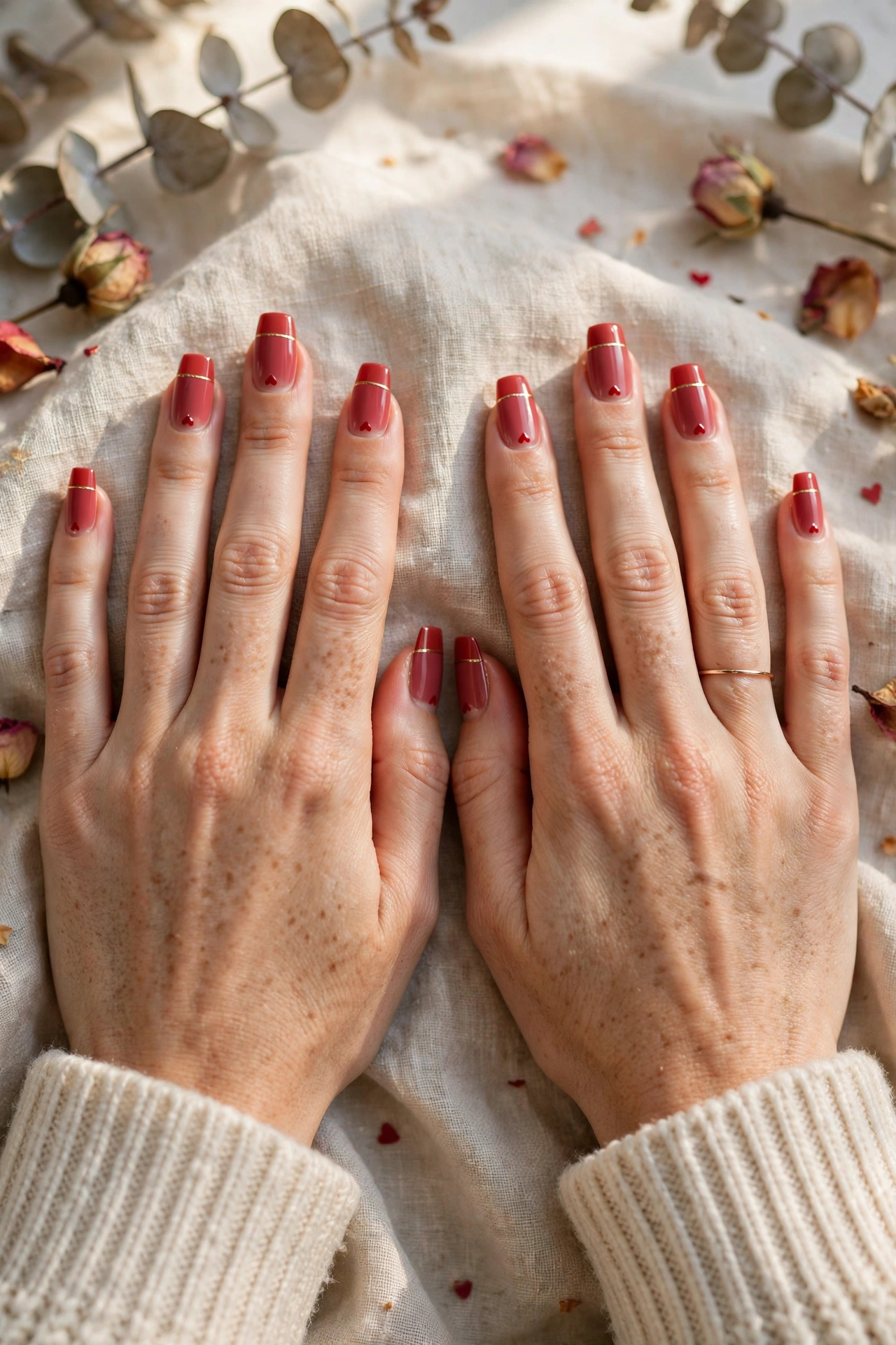 Soft Red Tiny Red Heart Short Nails in Coffin Shape with a Thin Gold Line