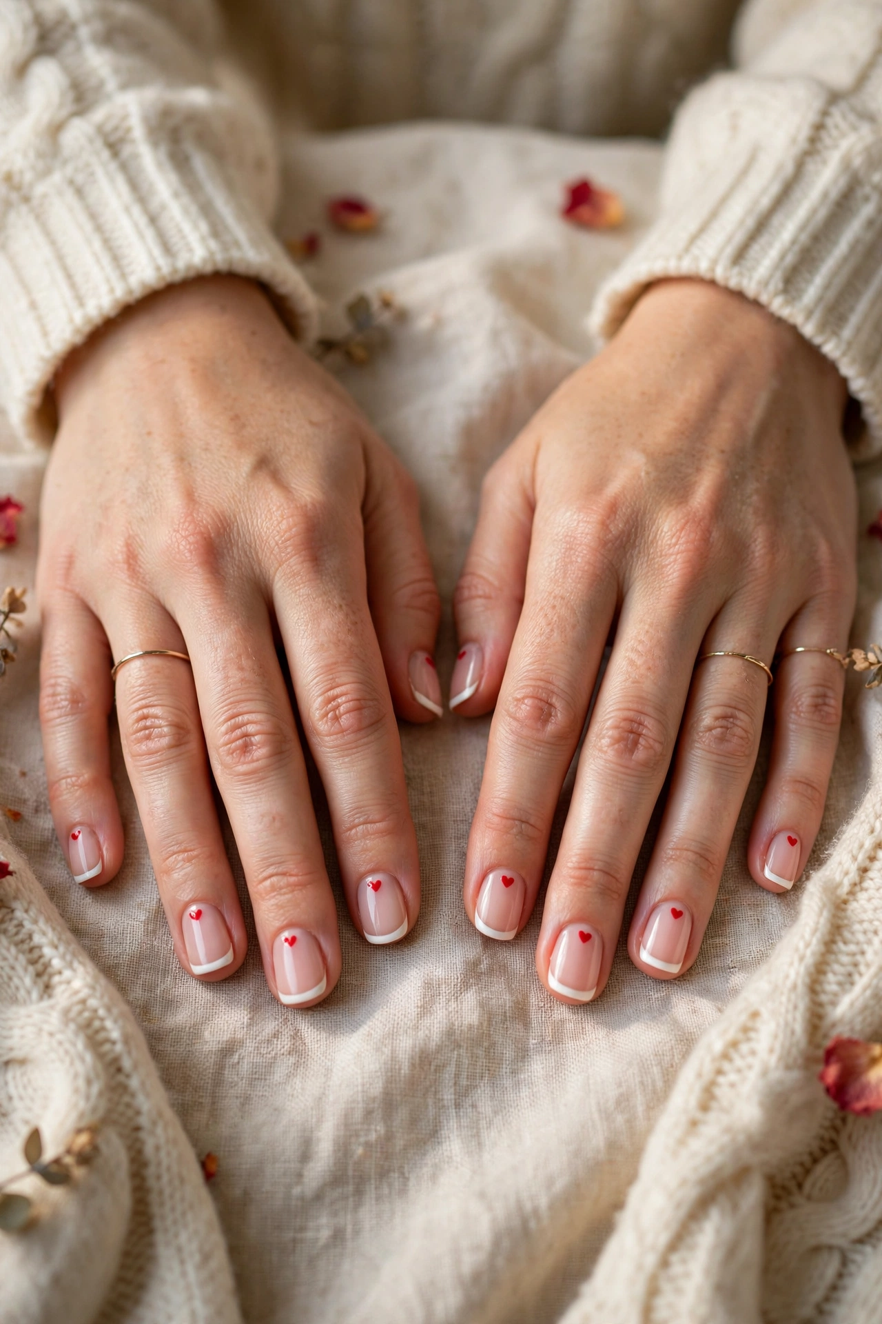 Bright Red Tiny Red Heart Short Nails in Squoval Shape with a Classic French Tip