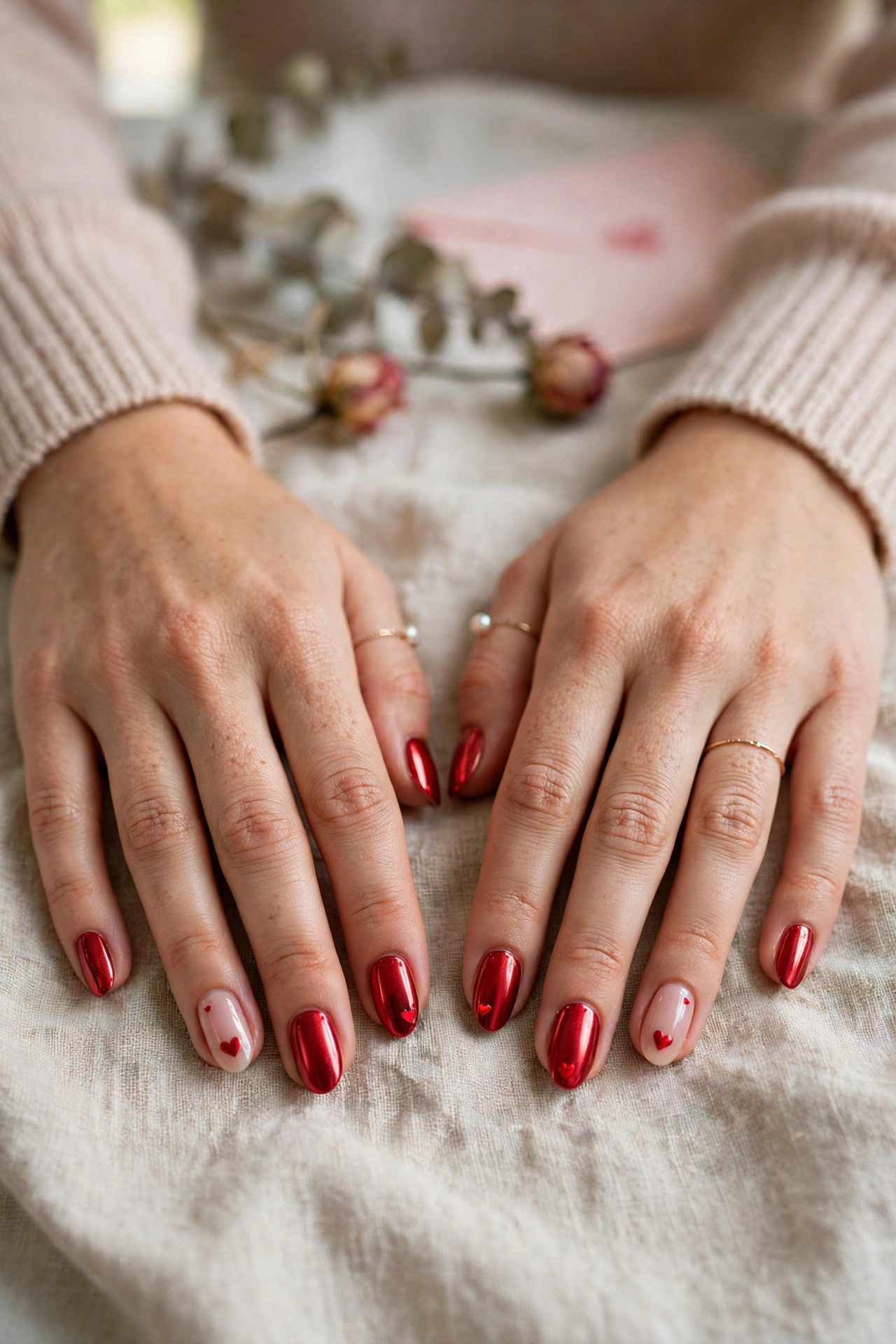 Classic Red Tiny Red Heart Short Nails in Almond Shape with a Chrome Shine