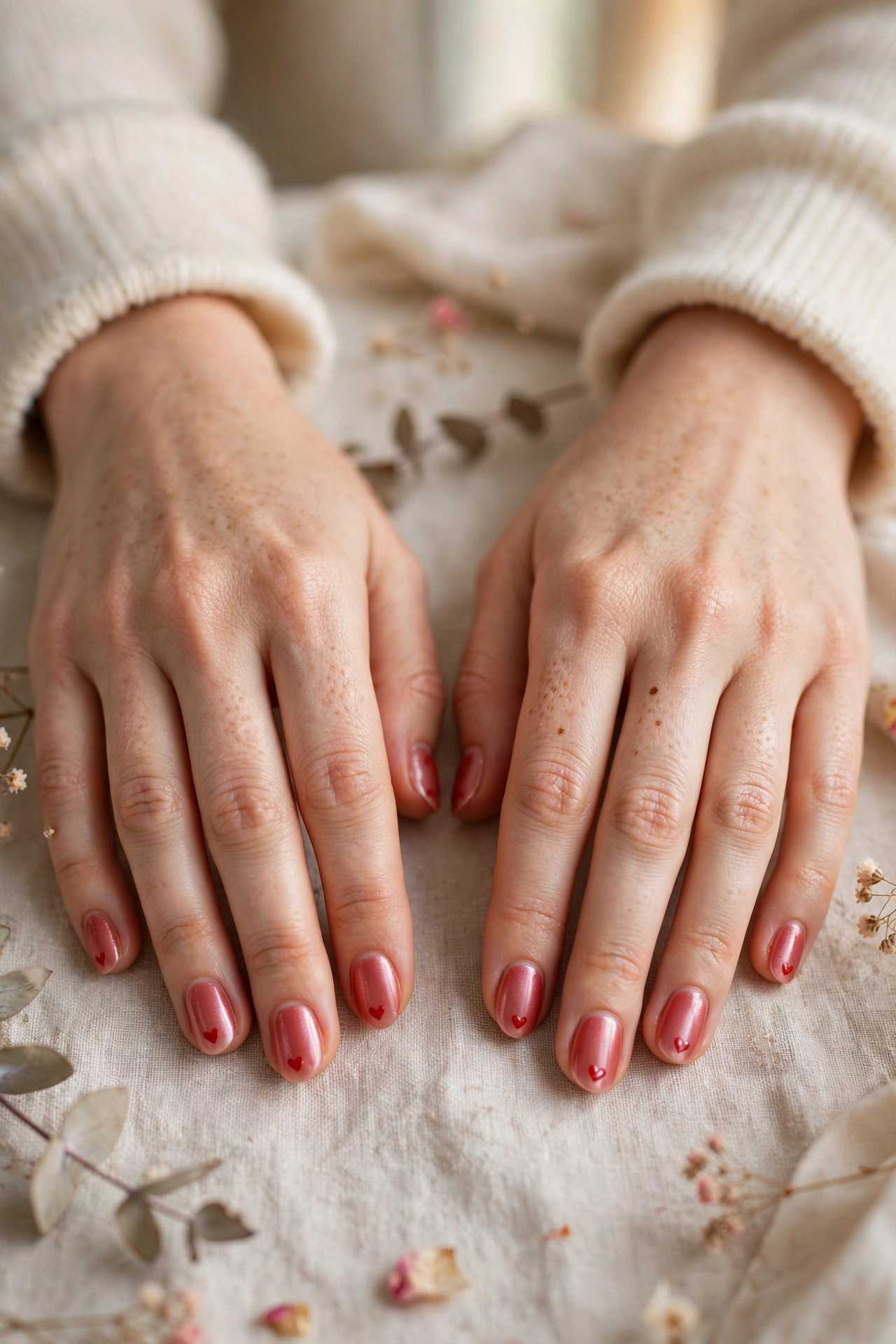 Soft Red Tiny Red Heart Short Nails in Oval Shape with a Pearl Finish