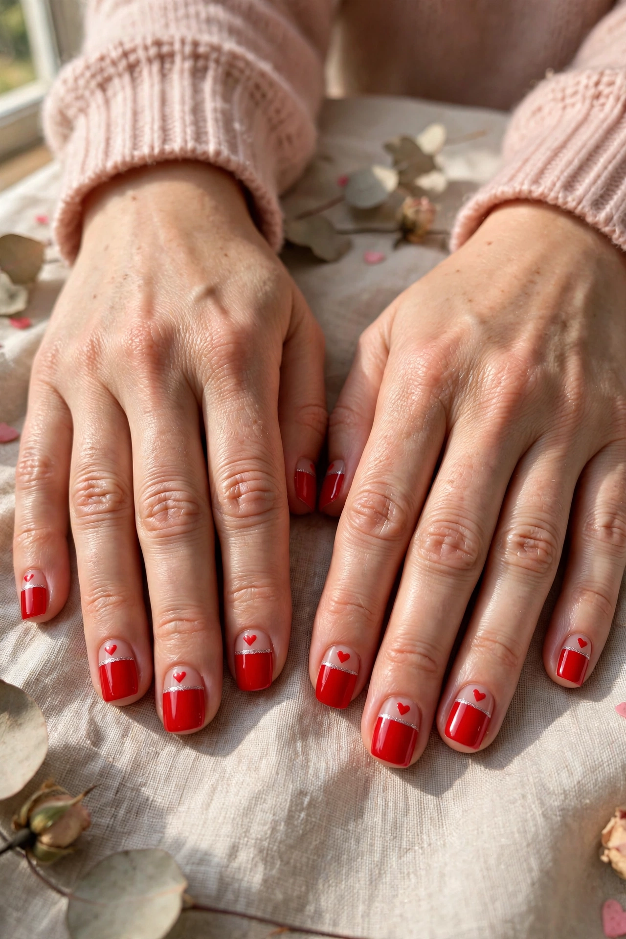 Bright Red Tiny Red Heart Short Nails in Short Square Shape with a Silver Shimmer Line
