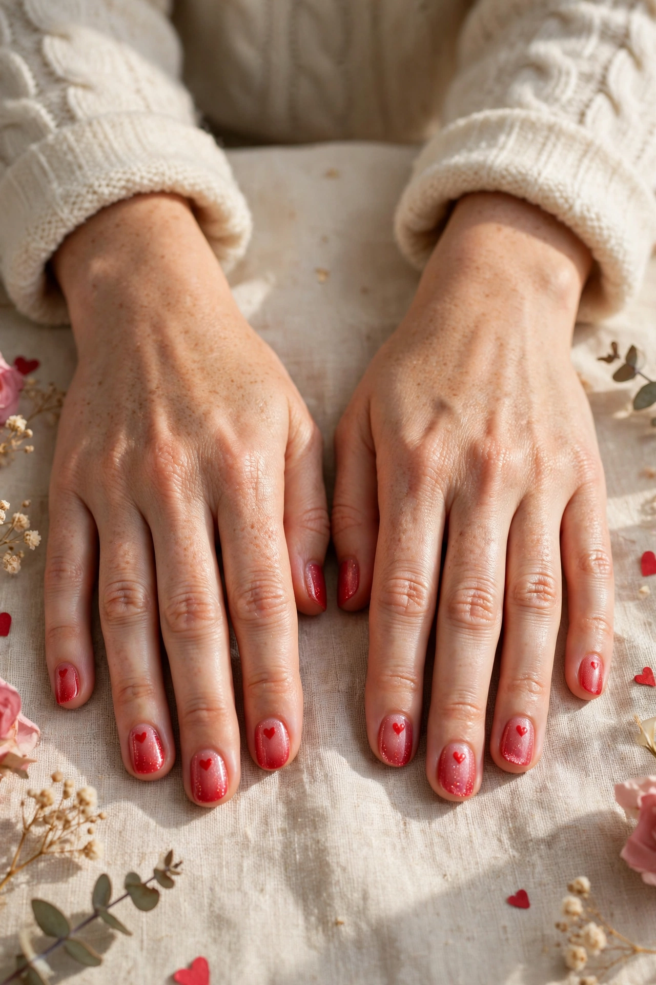 Classic Red Tiny Red Heart Short Nails in Round Shape with a Sheer Shimmer Layer