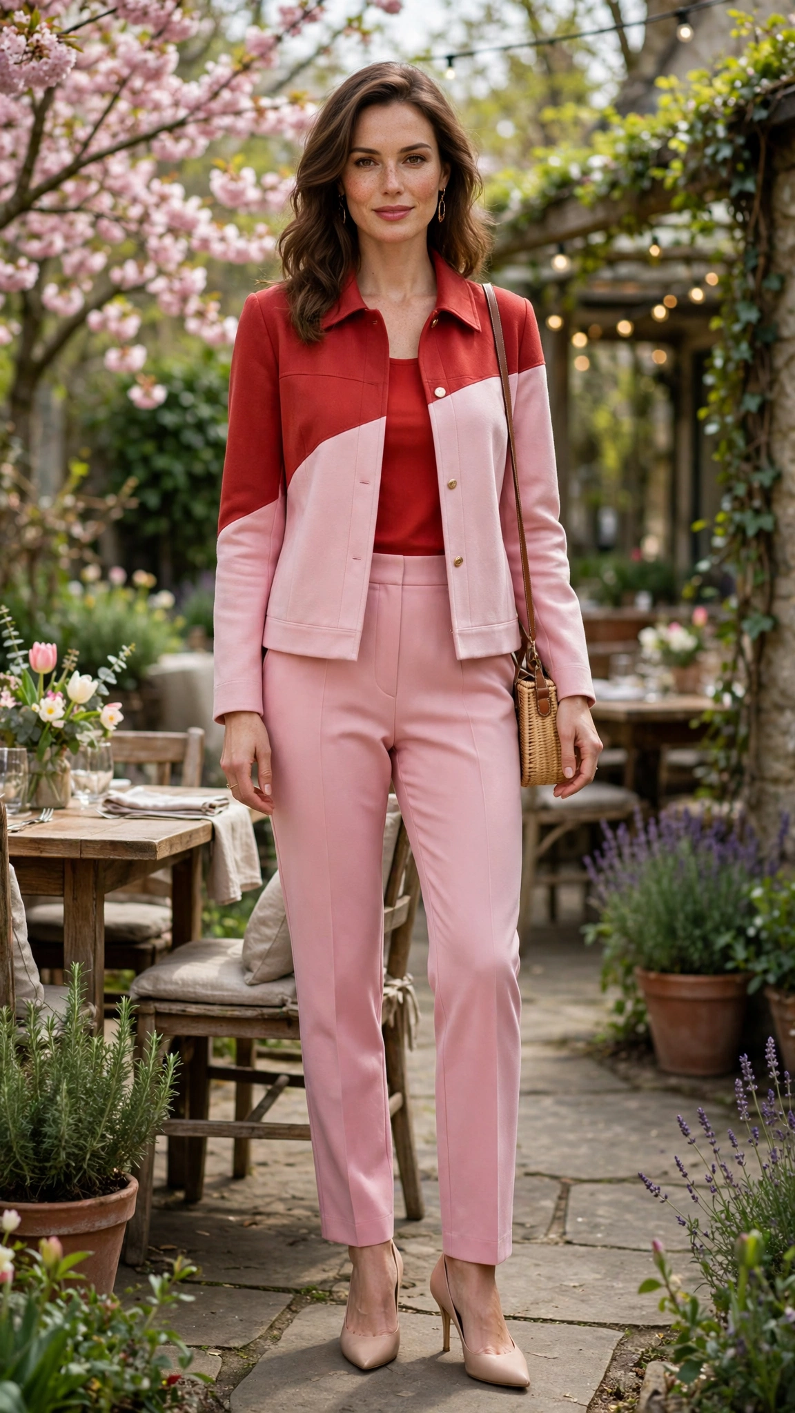 Brick Red and Soft Pink Tomato Red and Pink Outfit with pink trousers and nude heels