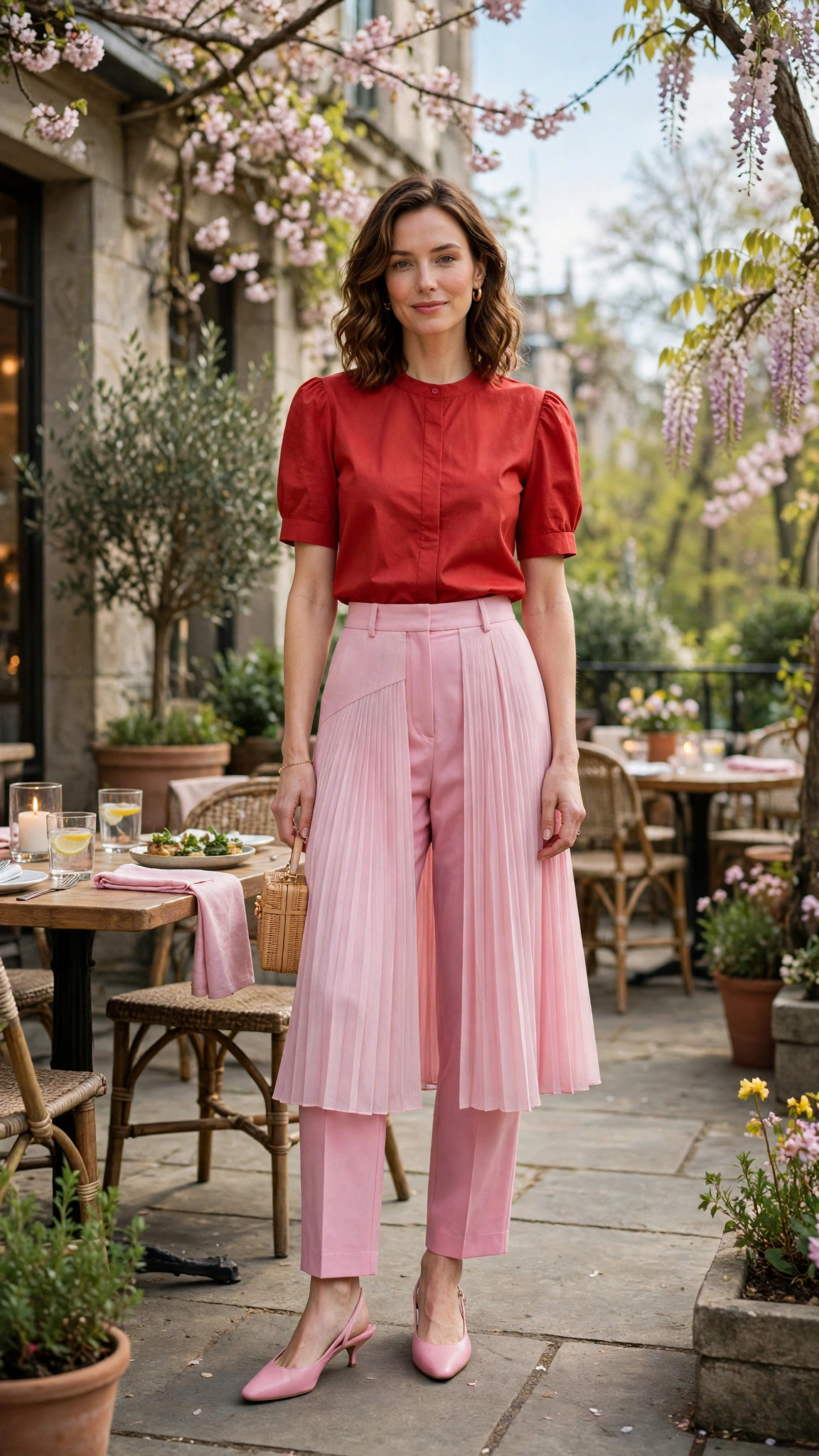 Brick Red and Soft Pink Tomato Red and Pink Outfit with a pink pleated skirt and slingbacks
