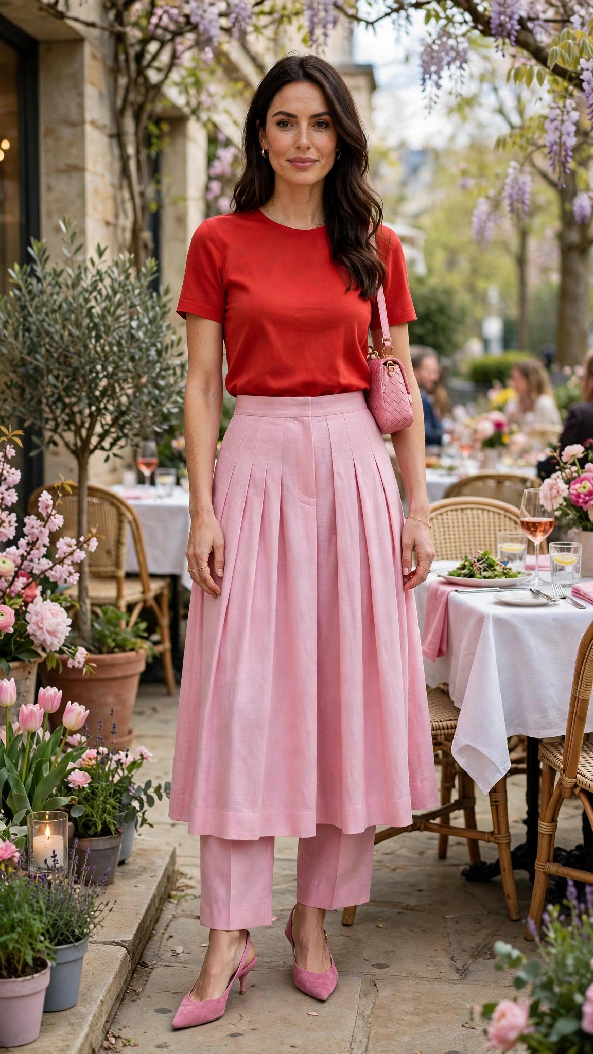 Pink and Tomato Red Tomato Red and Pink Outfit with a pink pleated skirt and slingbacks