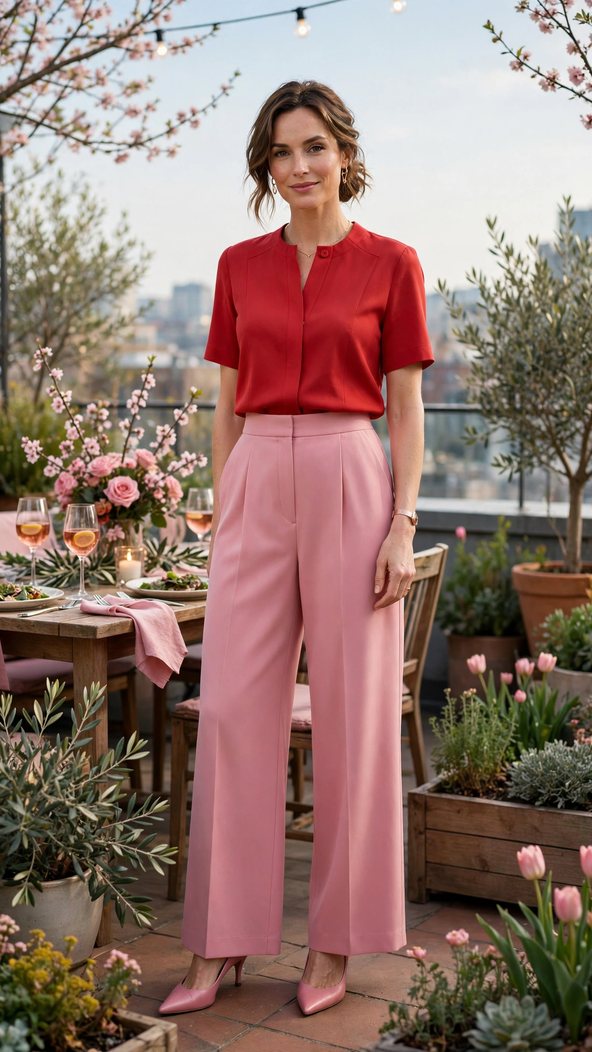 Cherry Tomato and Rose Pink Tomato Red and Pink Outfit with pink wide-leg trousers and pointed pumps