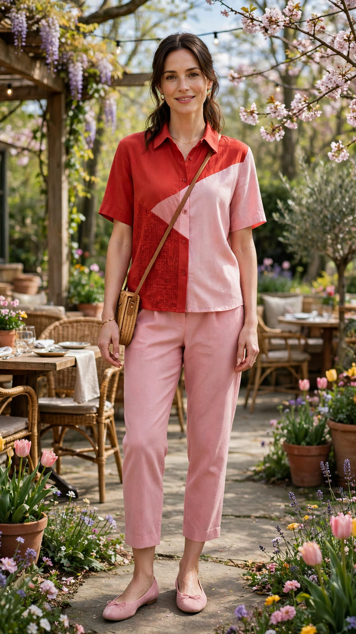 Brick Red and Soft Pink Tomato Red and Pink Outfit with pink cropped trousers and ballet flats