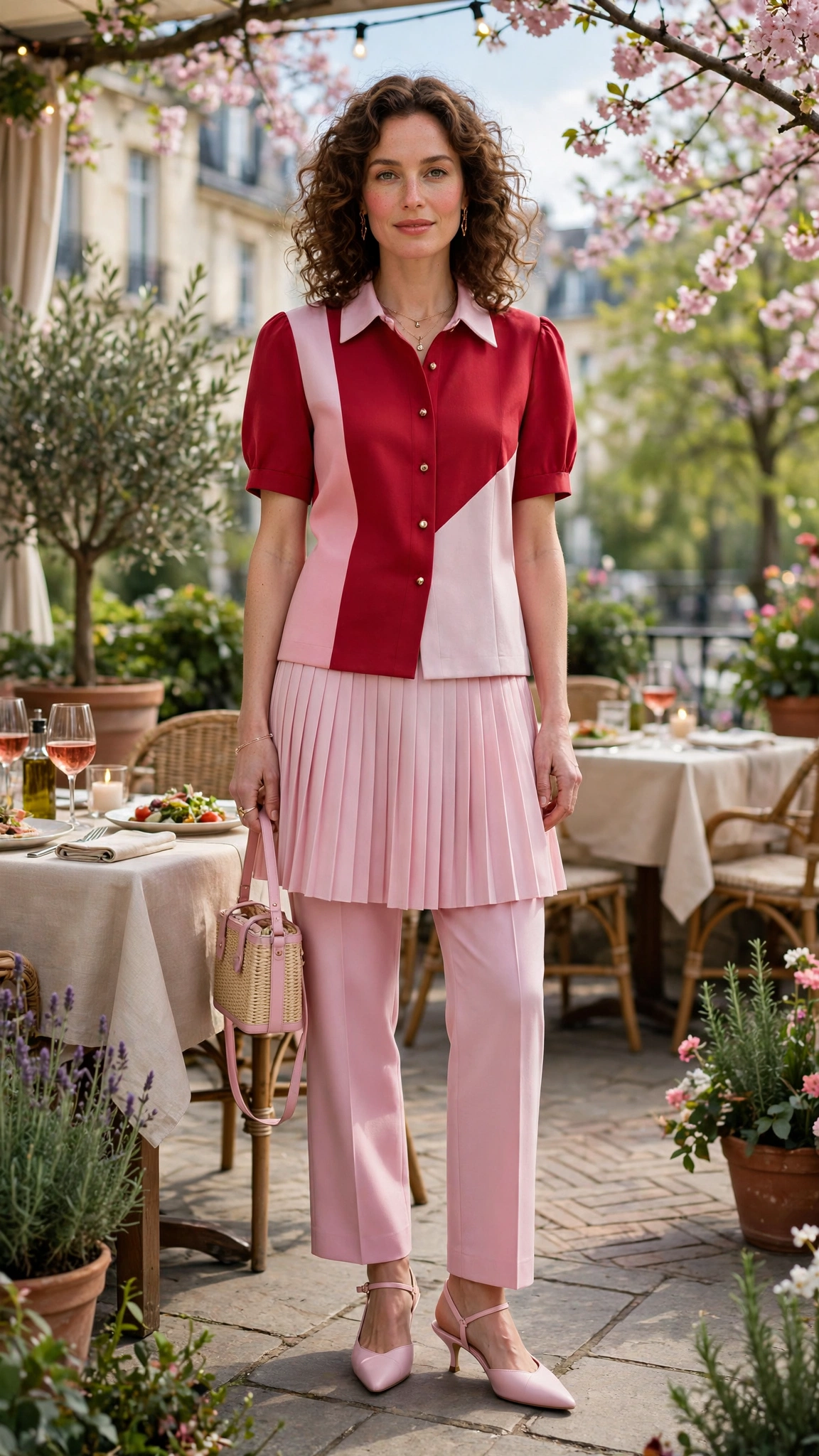 Crimson and Pastel Pink Tomato Red and Pink Outfit with a pink pleated skirt and slingbacks