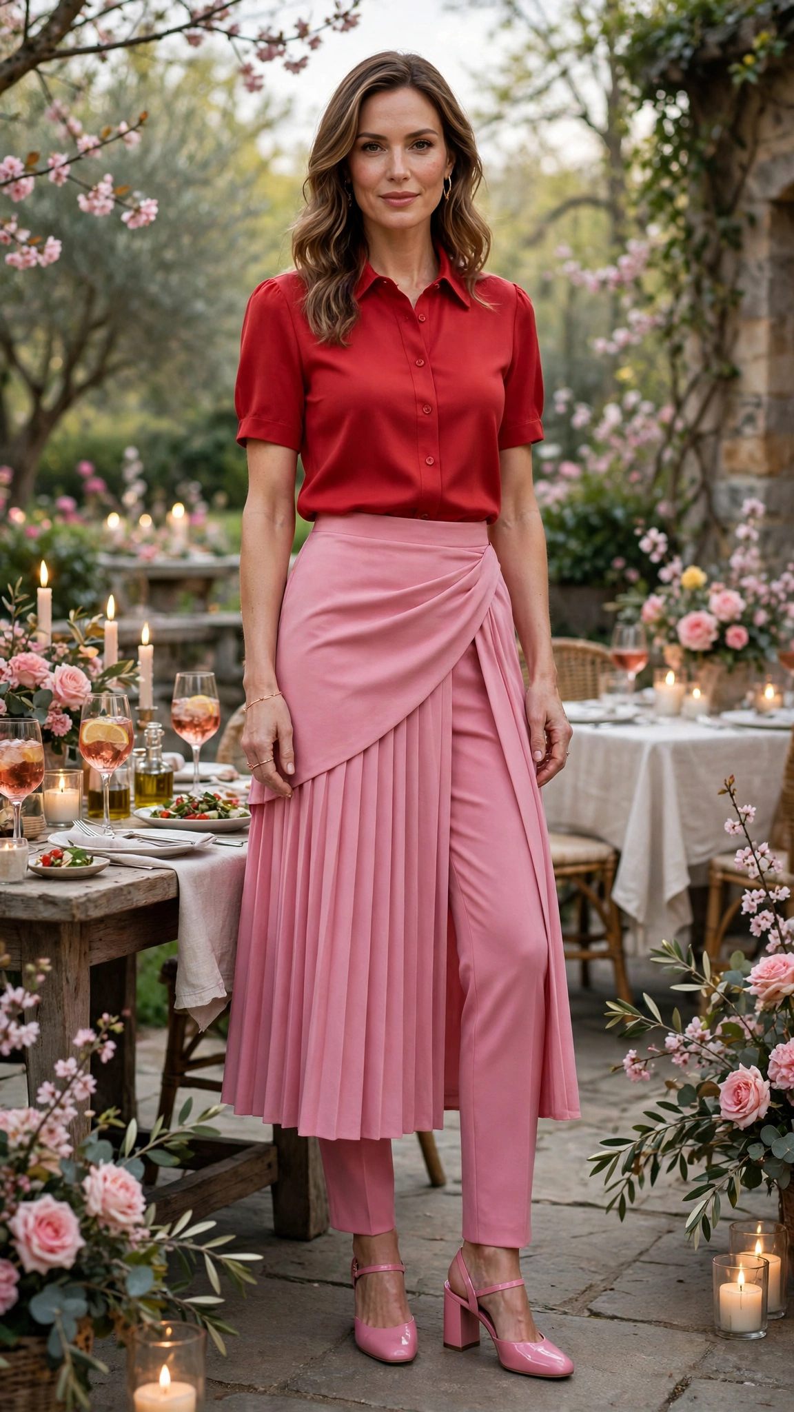 Cherry Tomato and Rose Pink Tomato Red and Pink Outfit with a pink midi skirt and block heels