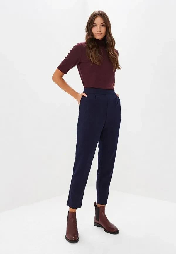 Burgundy Turtleneck with Navy Tailored Trousers and Brown Heeled Ankle Boots