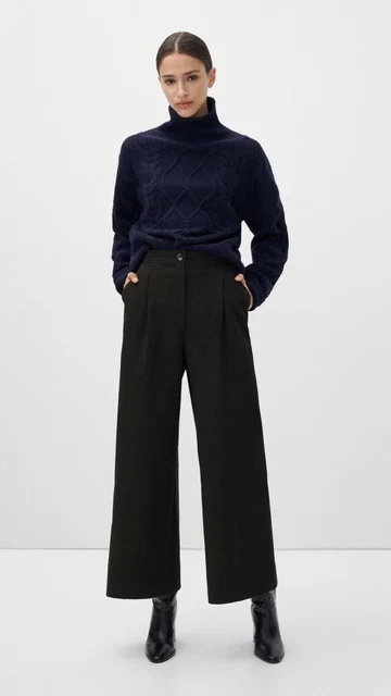 Navy Turtleneck with Black Wide-leg Trousers and Black Heeled Ankle Boots
