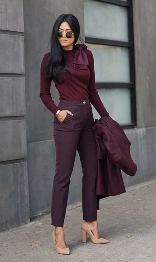 Burgundy Turtleneck with Burgundy Trousers and Nude Pumps