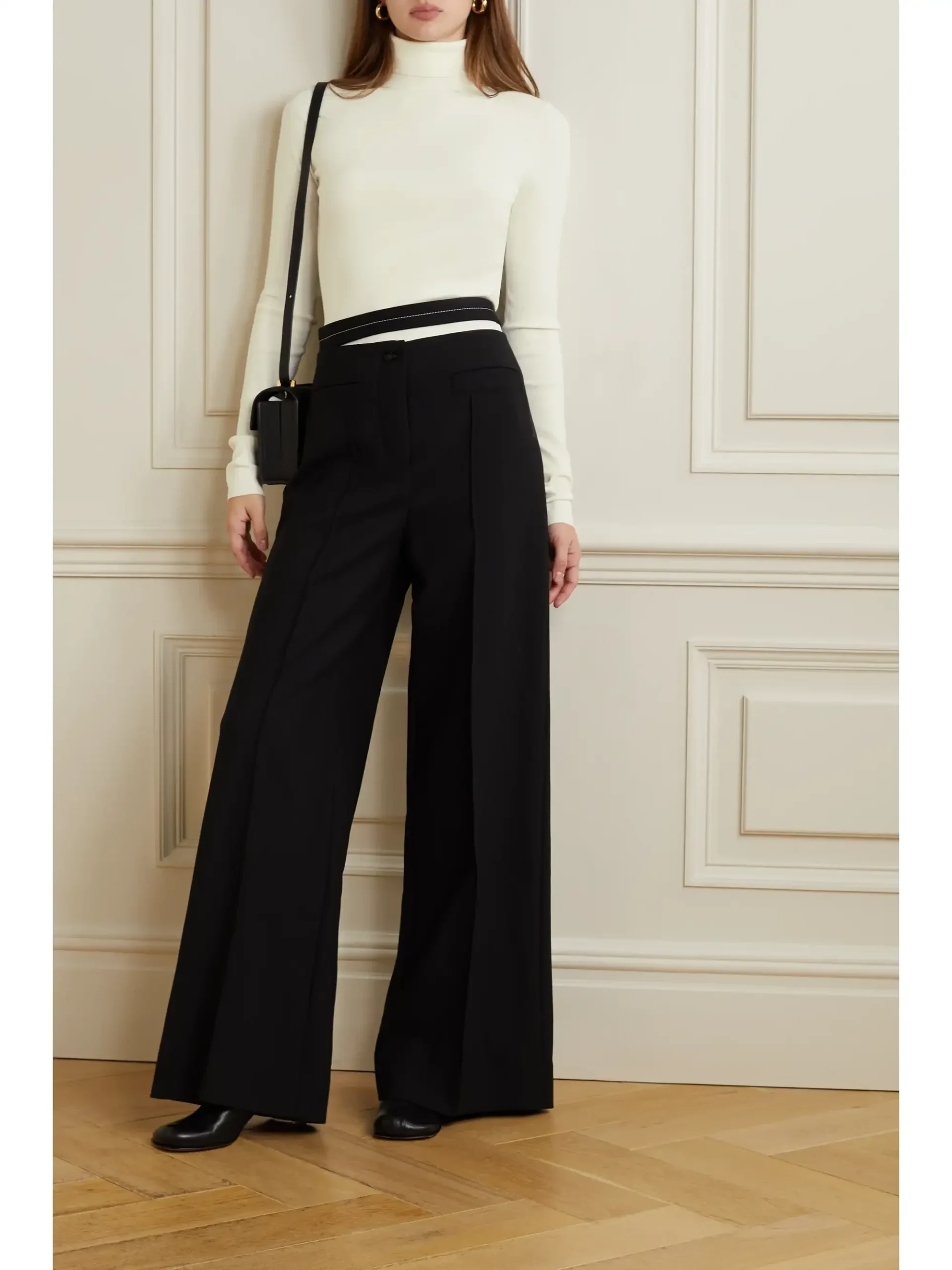 Cream Turtleneck with Black Wide-leg Trousers and Black Pumps